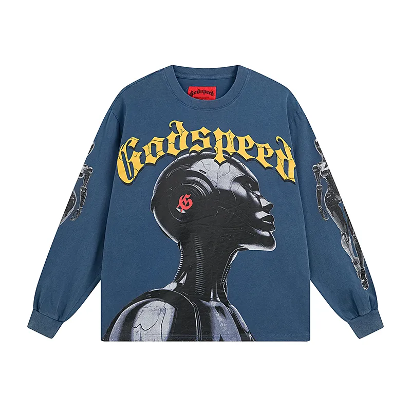 1096# P160 Washed Style Real Shot Godspeed American Fashion Rock Street Retro Washed Distressed Printed Pure Cotton Short Sleeves Fabric: 270g 32 Count Fine Cotton Double Yarn Pure Cotton Color: Washed Black Washed Blue Code Number: S M L XL