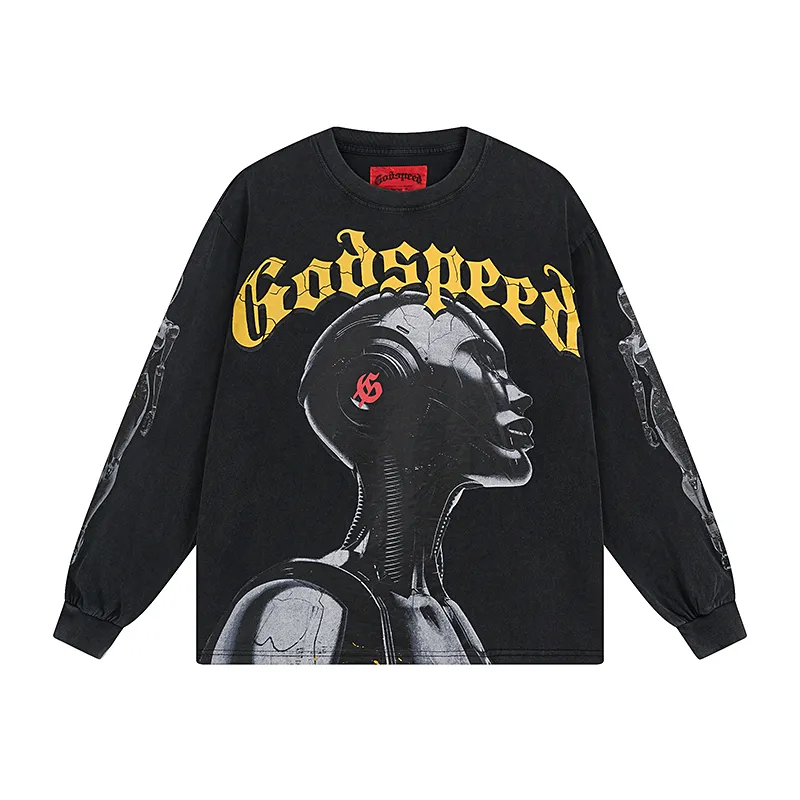 1096# P160 Washed Style Real Shot Godspeed American Fashion Rock Street Retro Washed Distressed Printed Pure Cotton Short Sleeves Fabric: 270g 32 Count Fine Cotton Double Yarn Pure Cotton Color: Washed Black Washed Blue Code Number: S M L XL