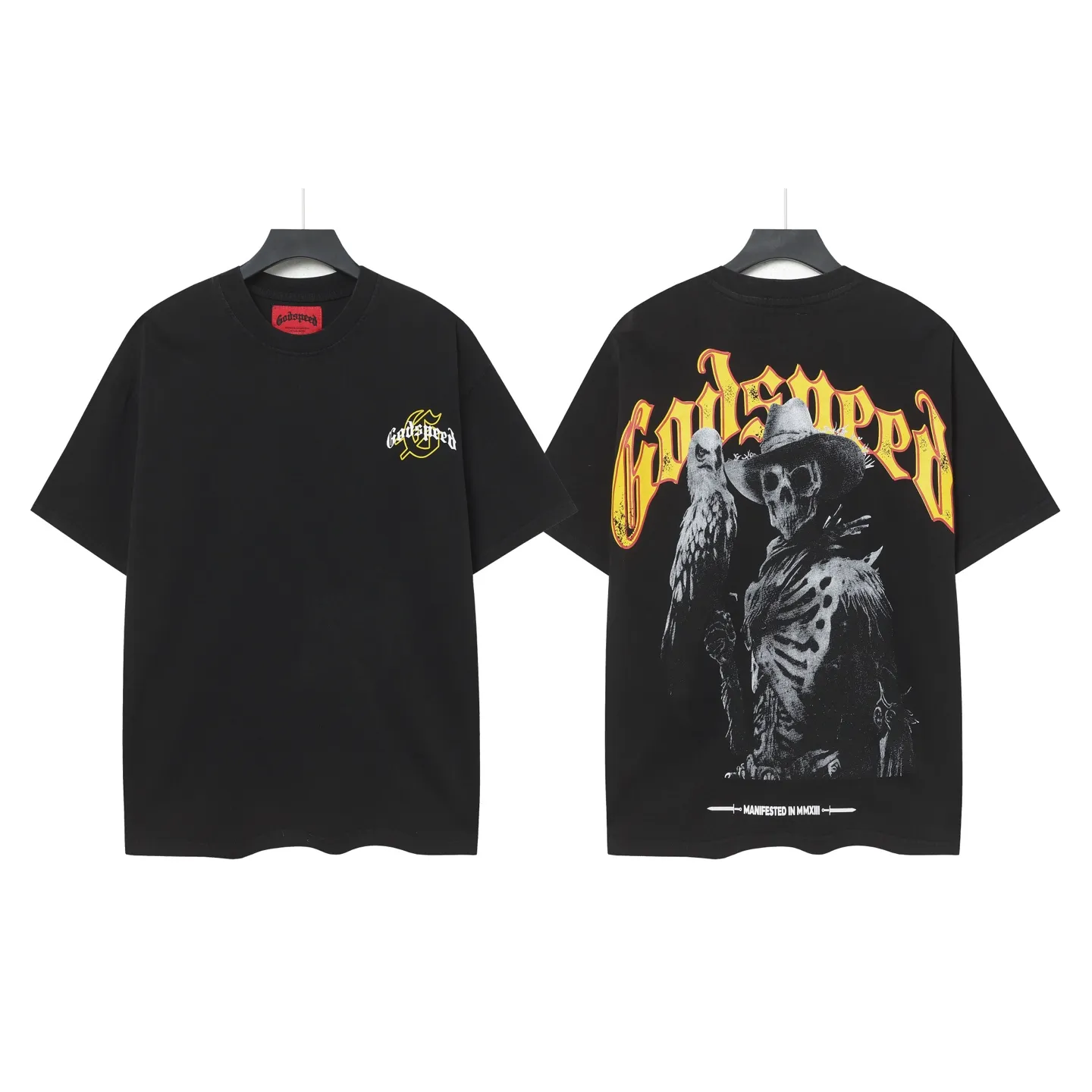 6065# washed black I P116 Godspeed cross-border American rock and roll street washed retro style short-sleeved T (craft printing) fabric (fabric): 32 count combed double yarn 250 grams weight size (size): S-M-L-XL color (colour): washed black 👉 👉