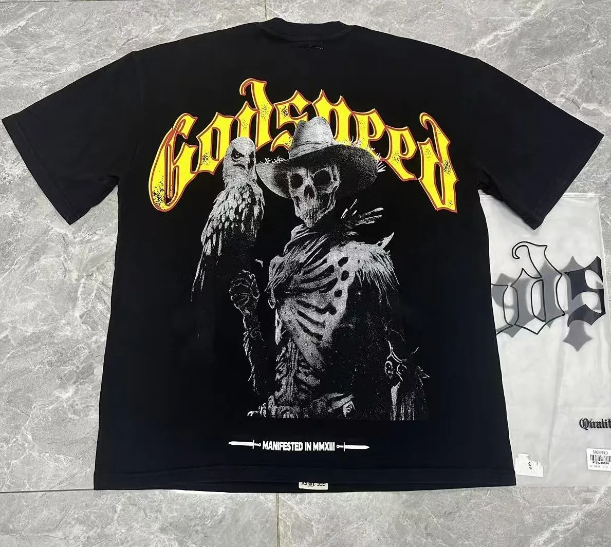 6065# washed black I P116 Godspeed cross-border American rock and roll street washed retro style short-sleeved T (craft printing) fabric (fabric): 32 count combed double yarn 250 grams weight size (size): S-M-L-XL color (colour): washed black 👉 👉
