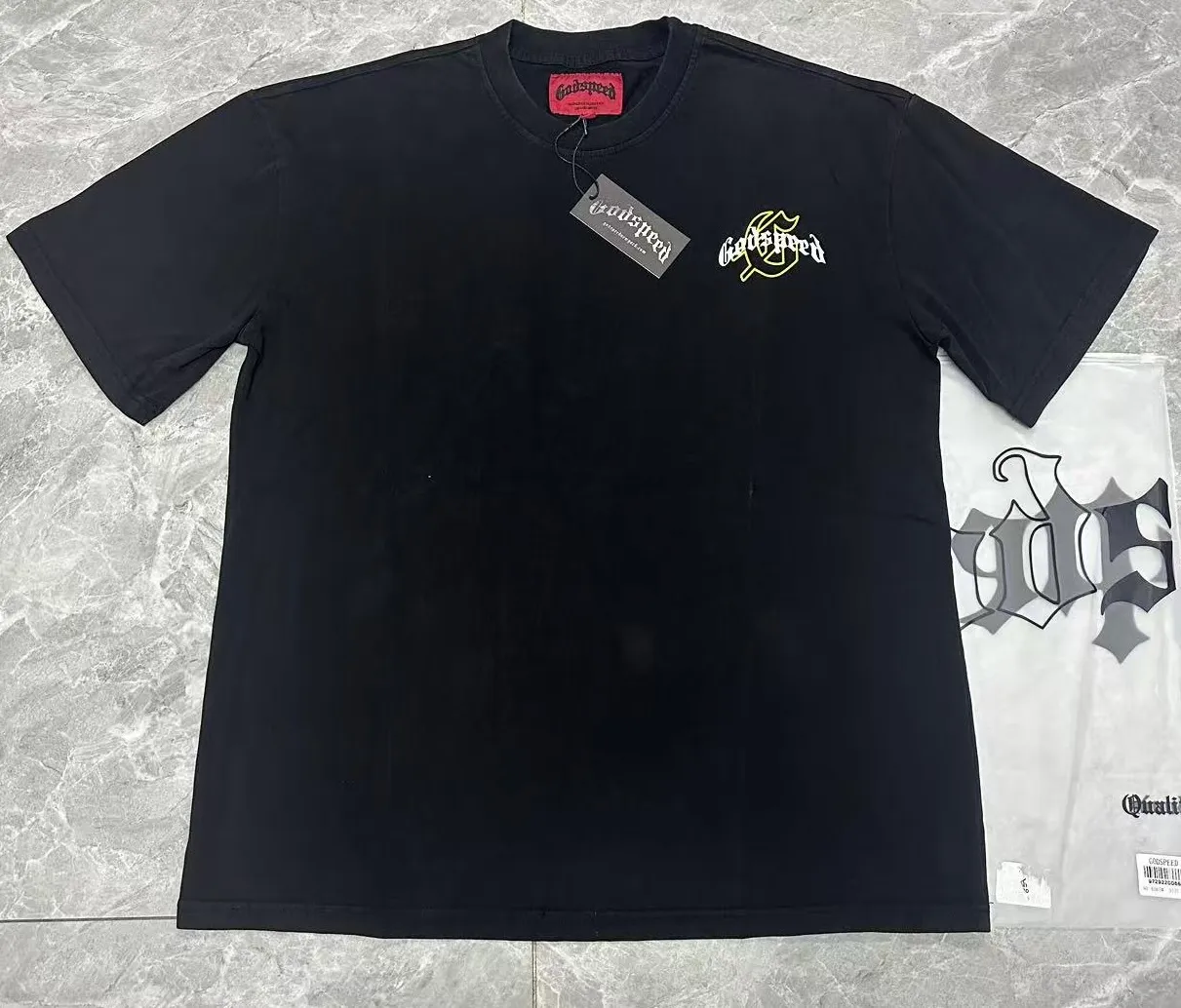 6065# washed black I P116 Godspeed cross-border American rock and roll street washed retro style short-sleeved T (craft printing) fabric (fabric): 32 count combed double yarn 250 grams weight size (size): S-M-L-XL color (colour): washed black 👉 👉