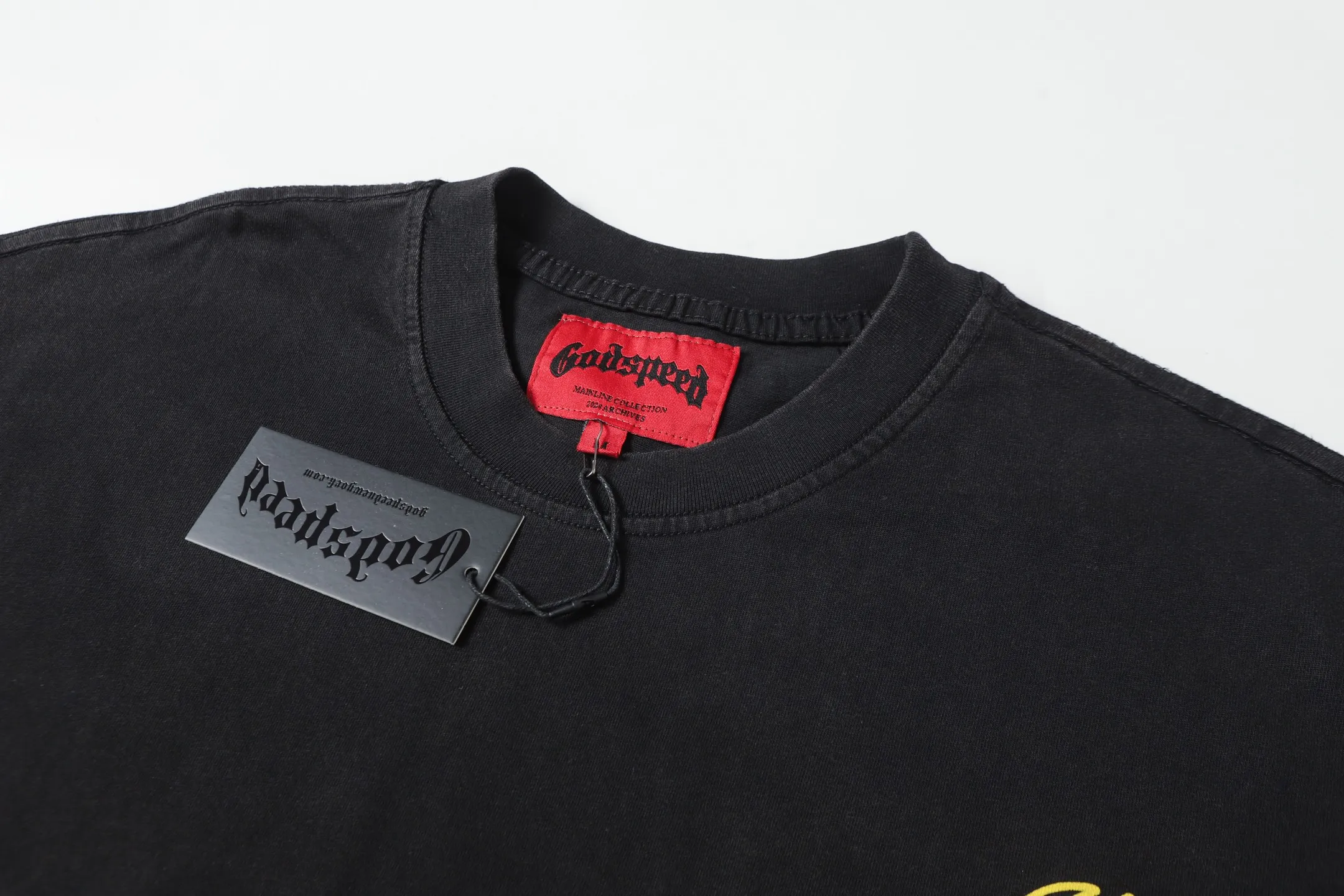 6065# washed black I P116 Godspeed cross-border American rock and roll street washed retro style short-sleeved T (craft printing) fabric (fabric): 32 count combed double yarn 250 grams weight size (size): S-M-L-XL color (colour): washed black 👉 👉