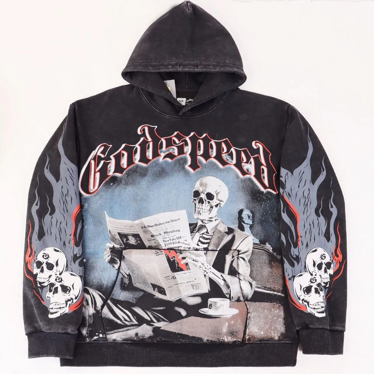 Style number: 5537 Fabric: 420g washed and distressed P196 Real shot Spot Godspeed American fashion rock street retro washed and distressed printed hooded sweatshirt Color: washed black washed red Size: S M L XL