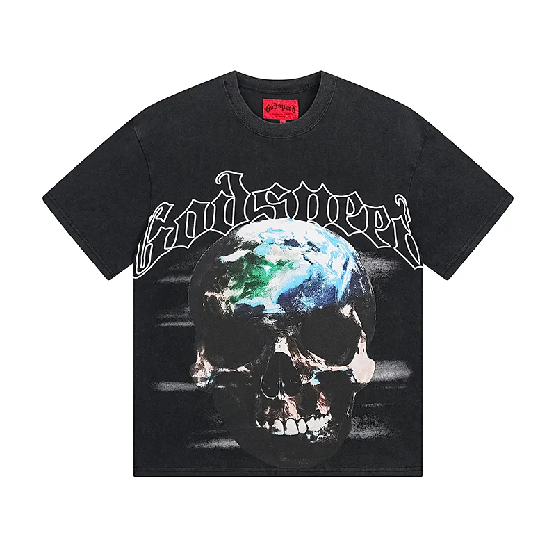 1053# P126 Washed Black Real Shot Godspeed American Fashion Rock Street Retro Washed Distressed Printed Pure Cotton Short Sleeves Fabric: 250g 32 Count Fine Cotton Double Yarn Pure Cotton Color: Washed Black Size: S M L XL