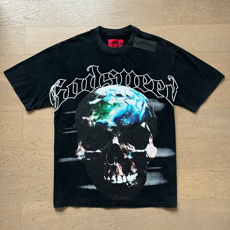 1053# P126 Washed Black Real Shot Godspeed American Fashion Rock Street Retro Washed Distressed Printed Pure Cotton Short Sleeves Fabric: 250g 32 Count Fine Cotton Double Yarn Pure Cotton Color: Washed Black Size: S M L XL