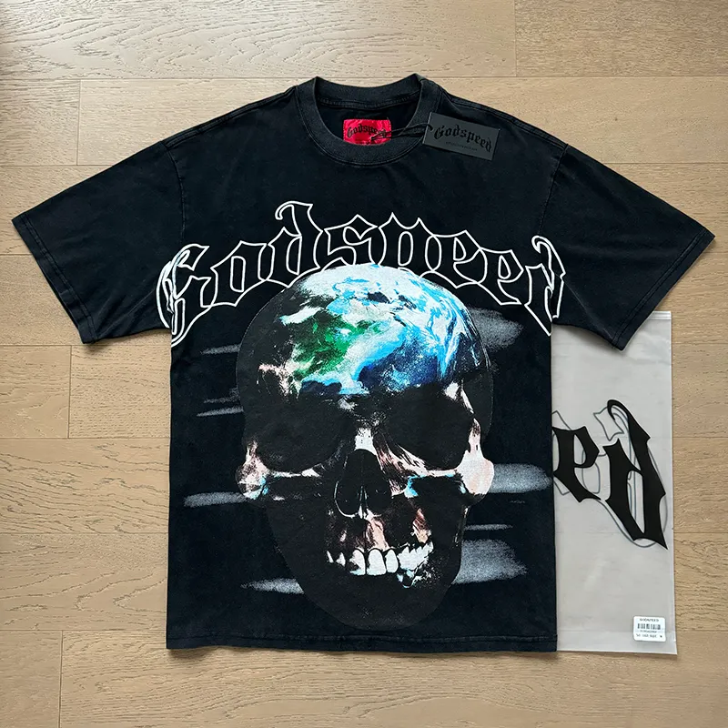 1053# P126 Washed Black Real Shot Godspeed American Fashion Rock Street Retro Washed Distressed Printed Pure Cotton Short Sleeves Fabric: 250g 32 Count Fine Cotton Double Yarn Pure Cotton Color: Washed Black Size: S M L XL