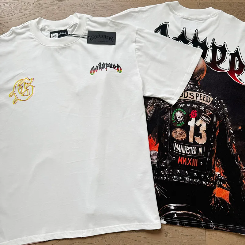 3136# P106 Real shot Godspeed American fashion rock street retro loose printed cotton short sleeves Fabric: 240g 32 count fine cotton double yarn pure cotton Color: off-white Size: S M L XL
