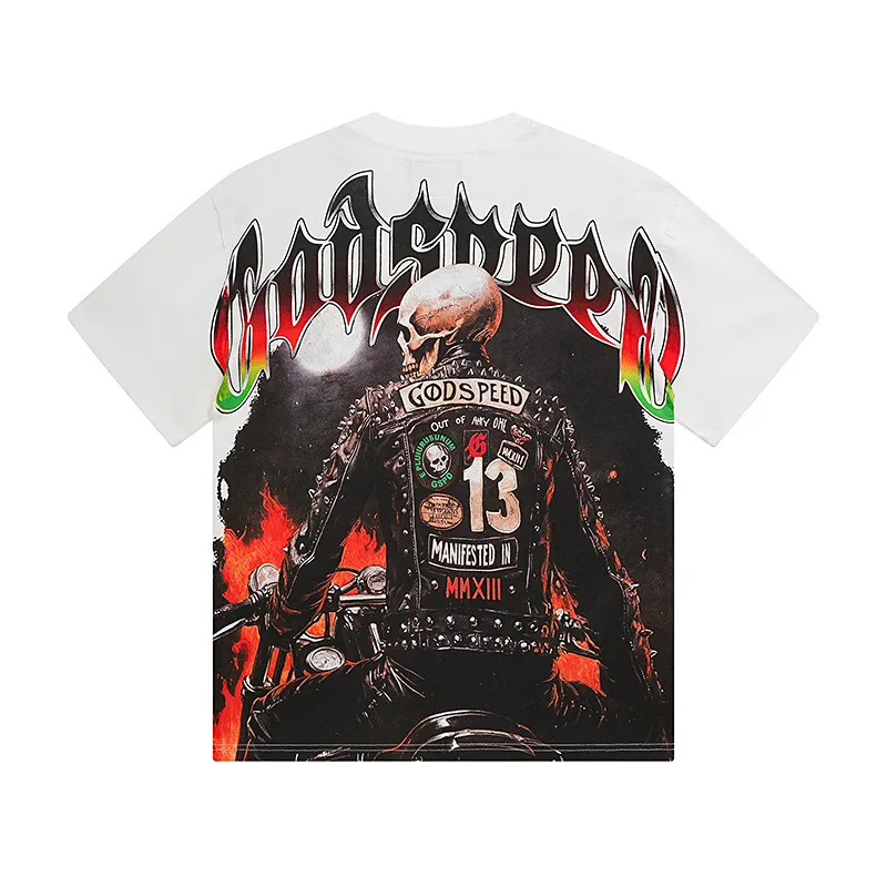 3136# P106 Real shot Godspeed American fashion rock street retro loose printed cotton short sleeves Fabric: 240g 32 count fine cotton double yarn pure cotton Color: off-white Size: S M L XL