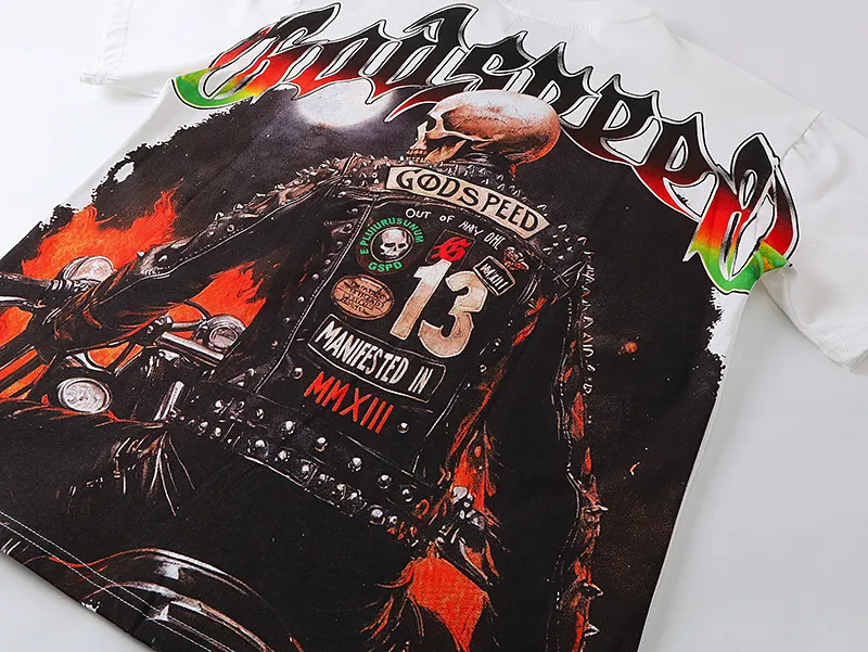 3136# P106 Real shot Godspeed American fashion rock street retro loose printed cotton short sleeves Fabric: 240g 32 count fine cotton double yarn pure cotton Color: off-white Size: S M L XL