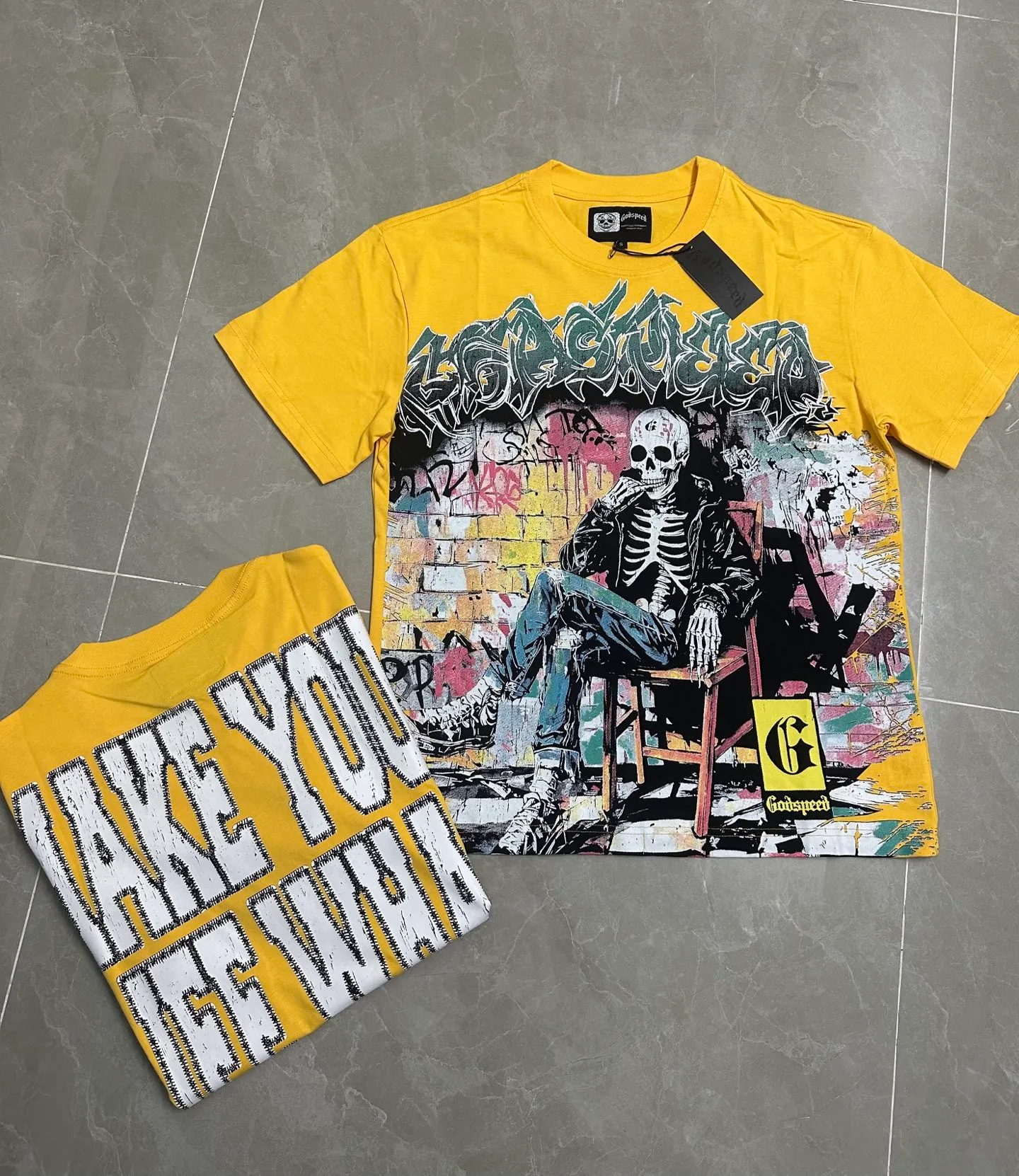 5132# Yellow I P106 Real stock (latest model) Godspeed cross-border American rock and roll street washed retro style short-sleeved T (craft printing) Fabric (fabric): 32 counts combed double yarn 240 grams weight Size (size): S-M-L-XL Color (colour): Yellow