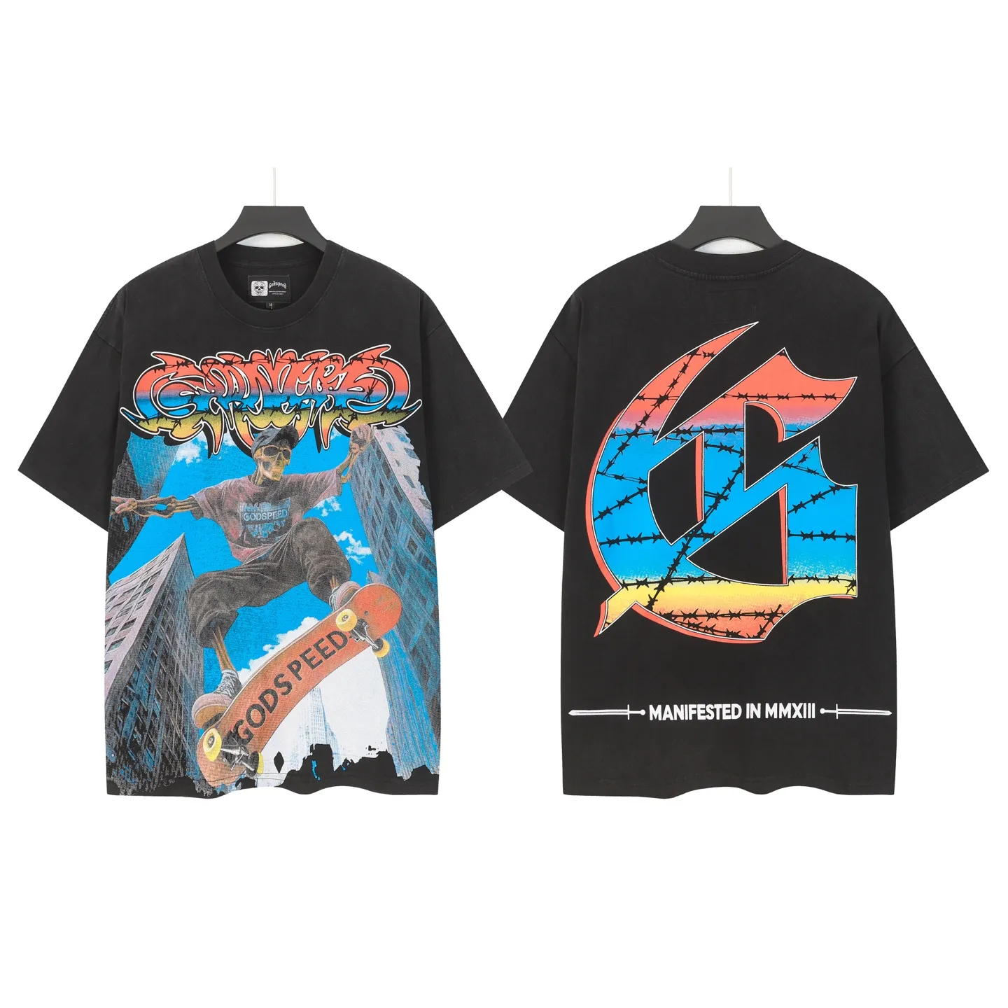 6098# washed black I P116 Godspeed cross-border American rock and roll street washed retro style short-sleeved T (craft printing) fabric (fabric): 32 count combed double yarn 250 grams weight code number (size): S-M-L-XL color (colour): washed black