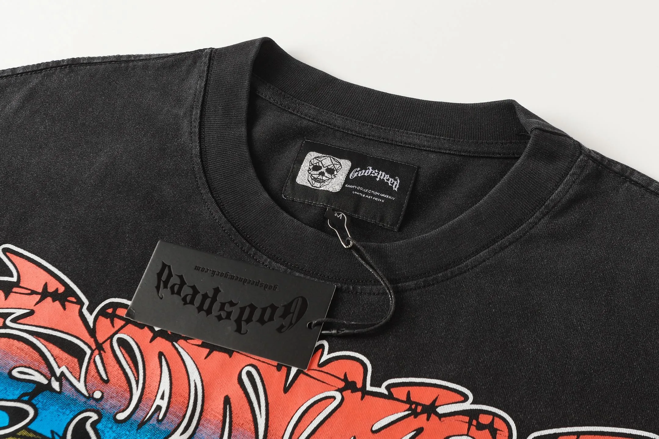 6098# washed black I P116 Godspeed cross-border American rock and roll street washed retro style short-sleeved T (craft printing) fabric (fabric): 32 count combed double yarn 250 grams weight code number (size): S-M-L-XL color (colour): washed black