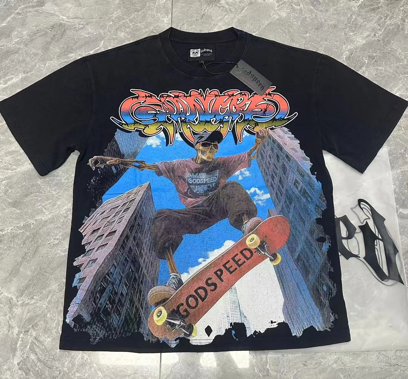 6098# washed black I P116 Godspeed cross-border American rock and roll street washed retro style short-sleeved T (craft printing) fabric (fabric): 32 count combed double yarn 250 grams weight code number (size): S-M-L-XL color (colour): washed black