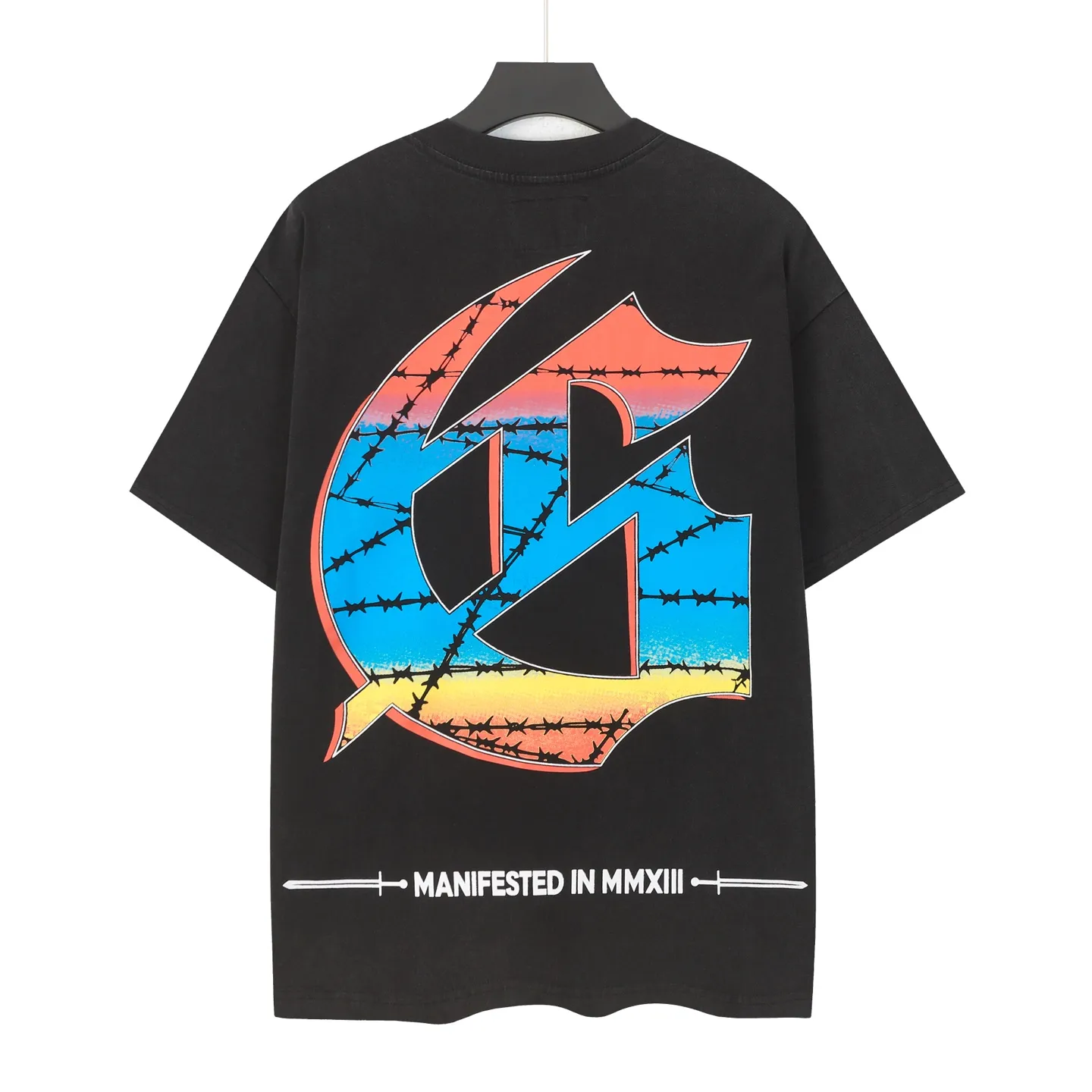 6098# washed black I P116 Godspeed cross-border American rock and roll street washed retro style short-sleeved T (craft printing) fabric (fabric): 32 count combed double yarn 250 grams weight code number (size): S-M-L-XL color (colour): washed black