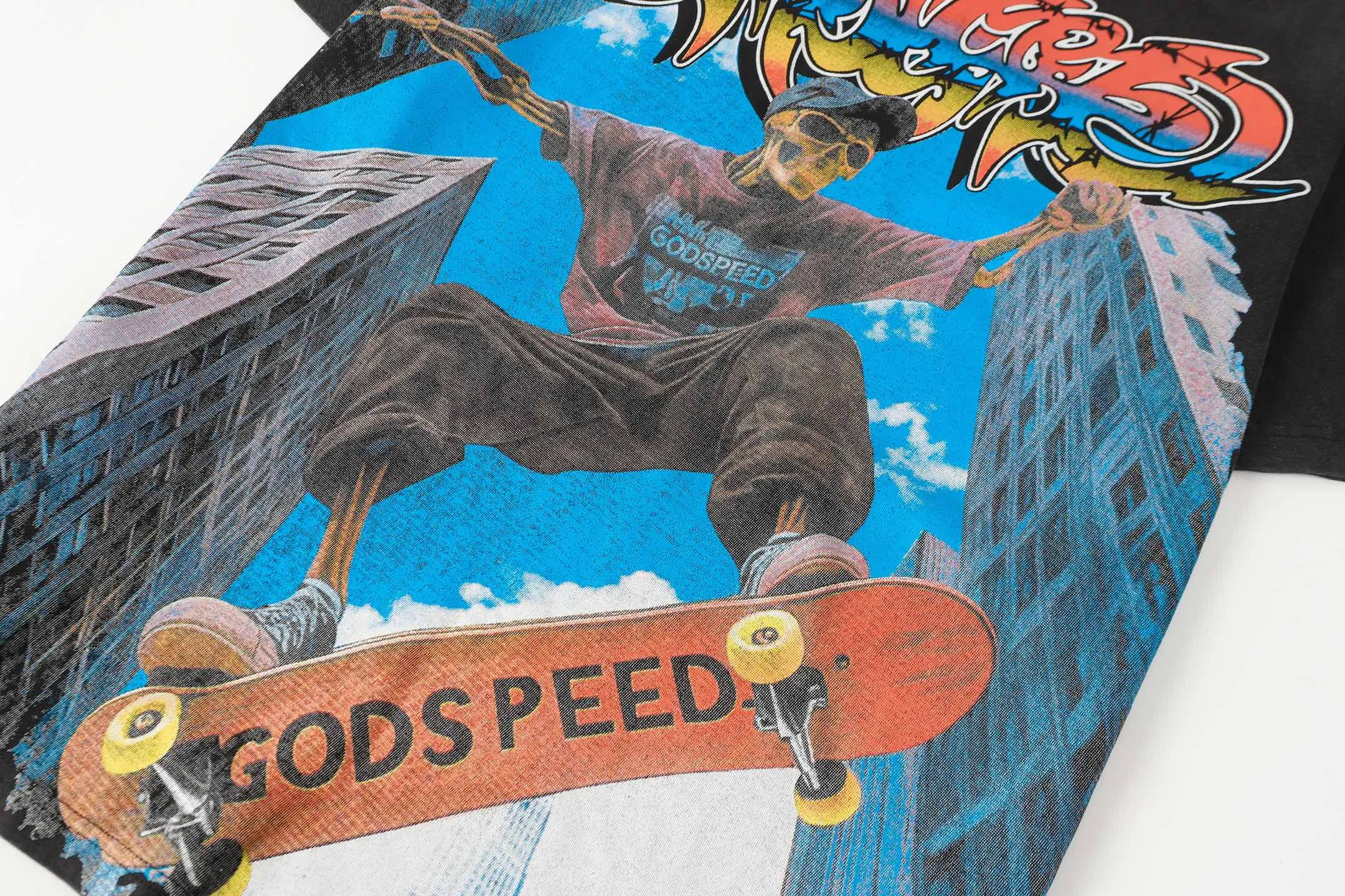 6098# washed black I P116 Godspeed cross-border American rock and roll street washed retro style short-sleeved T (craft printing) fabric (fabric): 32 count combed double yarn 250 grams weight code number (size): S-M-L-XL color (colour): washed black