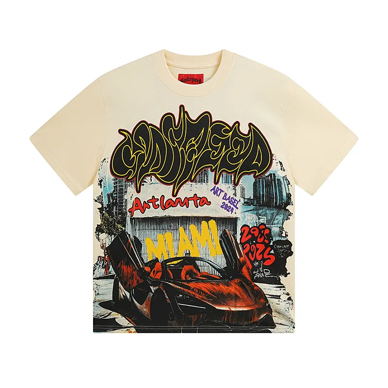 3071# P110 Real shot Godspeed American fashion rock street retro loose printed cotton short sleeves Fabric: 240g 32 count fine cotton double yarn pure cotton Color: apricot Size: S M L XL