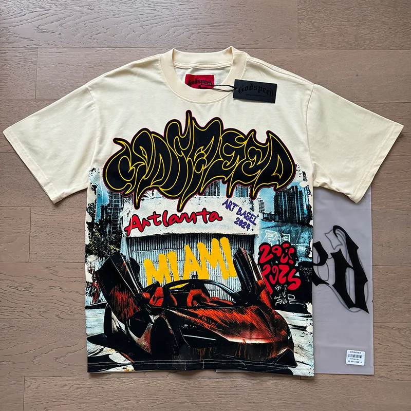 3071# P110 Real shot Godspeed American fashion rock street retro loose printed cotton short sleeves Fabric: 240g 32 count fine cotton double yarn pure cotton Color: apricot Size: S M L XL