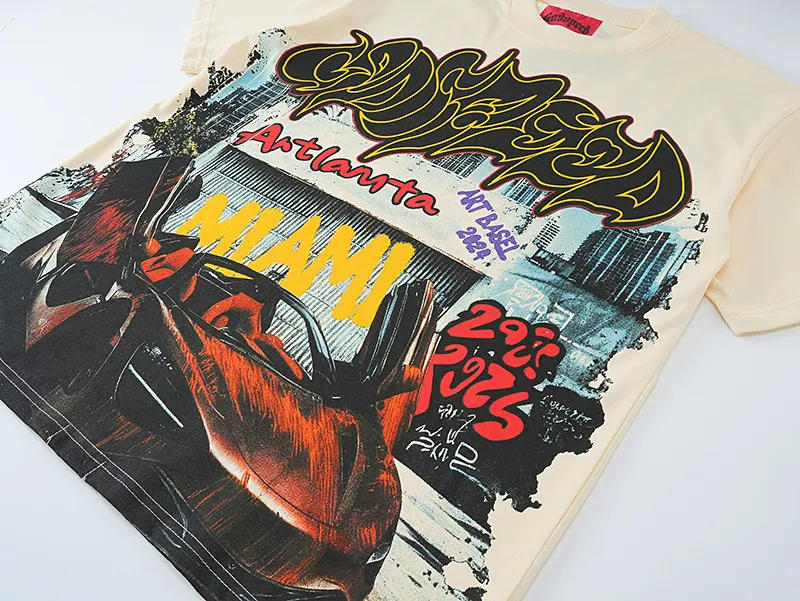 3071# P110 Real shot Godspeed American fashion rock street retro loose printed cotton short sleeves Fabric: 240g 32 count fine cotton double yarn pure cotton Color: apricot Size: S M L XL