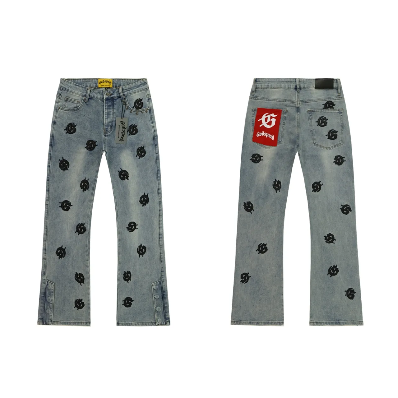 236💰Model No.: 8218 Fabric: Denim Real stock Godspeed embroidered denim trousers, loose trendy brand denim bootcut trousers Color: black denim blue (smoke ash not out) Size 28 (S) 30 (M) 32 (L) 34 (XL) 36 (XXL) 38 (XXXL)