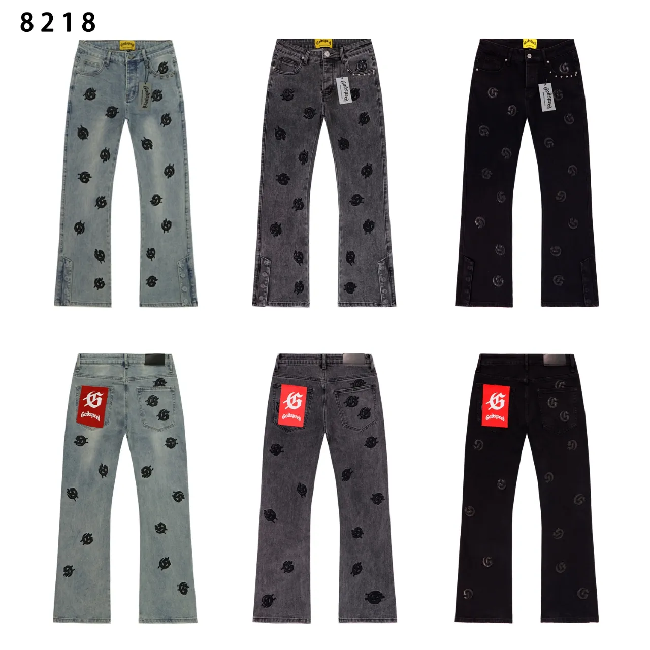 236💰Model No.: 8218 Fabric: Denim Real stock Godspeed embroidered denim trousers, loose trendy brand denim bootcut trousers Color: black denim blue (smoke ash not out) Size 28 (S) 30 (M) 32 (L) 34 (XL) 36 (XXL) 38 (XXXL)