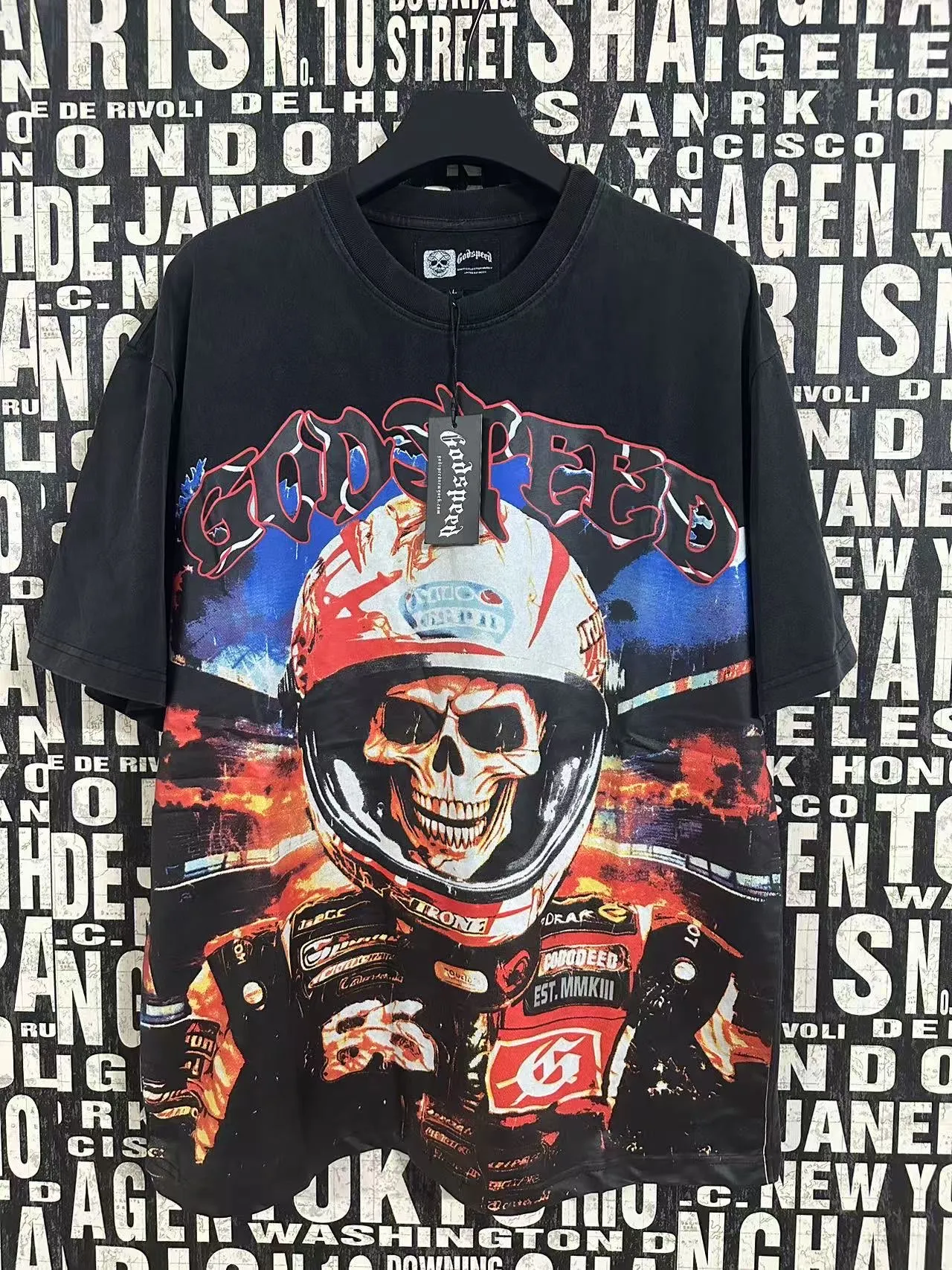 6036# Washed Black｜P116 Godspeed cross-border American rock and roll street washed retro style short-sleeved T (craft print) Fabric (fabric): 32 count combed double yarn 250 grams weight Size (size): S-M-L-XL Color (colour): Washed black 👉