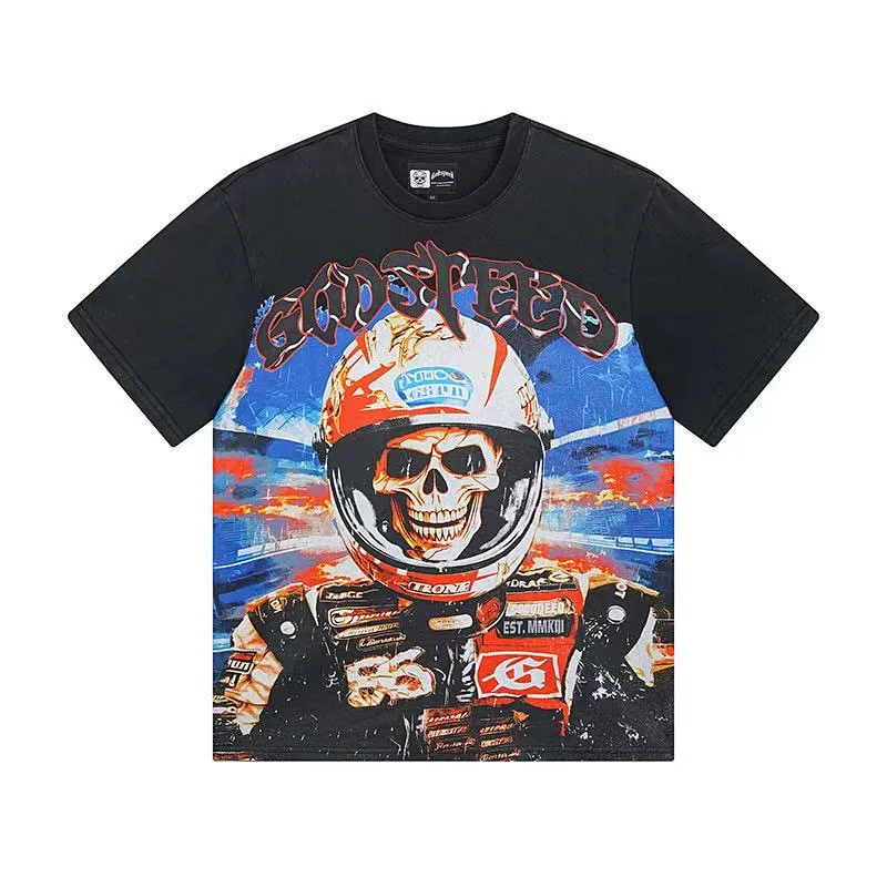 6036# Washed Black｜P116 Godspeed cross-border American rock and roll street washed retro style short-sleeved T (craft print) Fabric (fabric): 32 count combed double yarn 250 grams weight Size (size): S-M-L-XL Color (colour): Washed black 👉