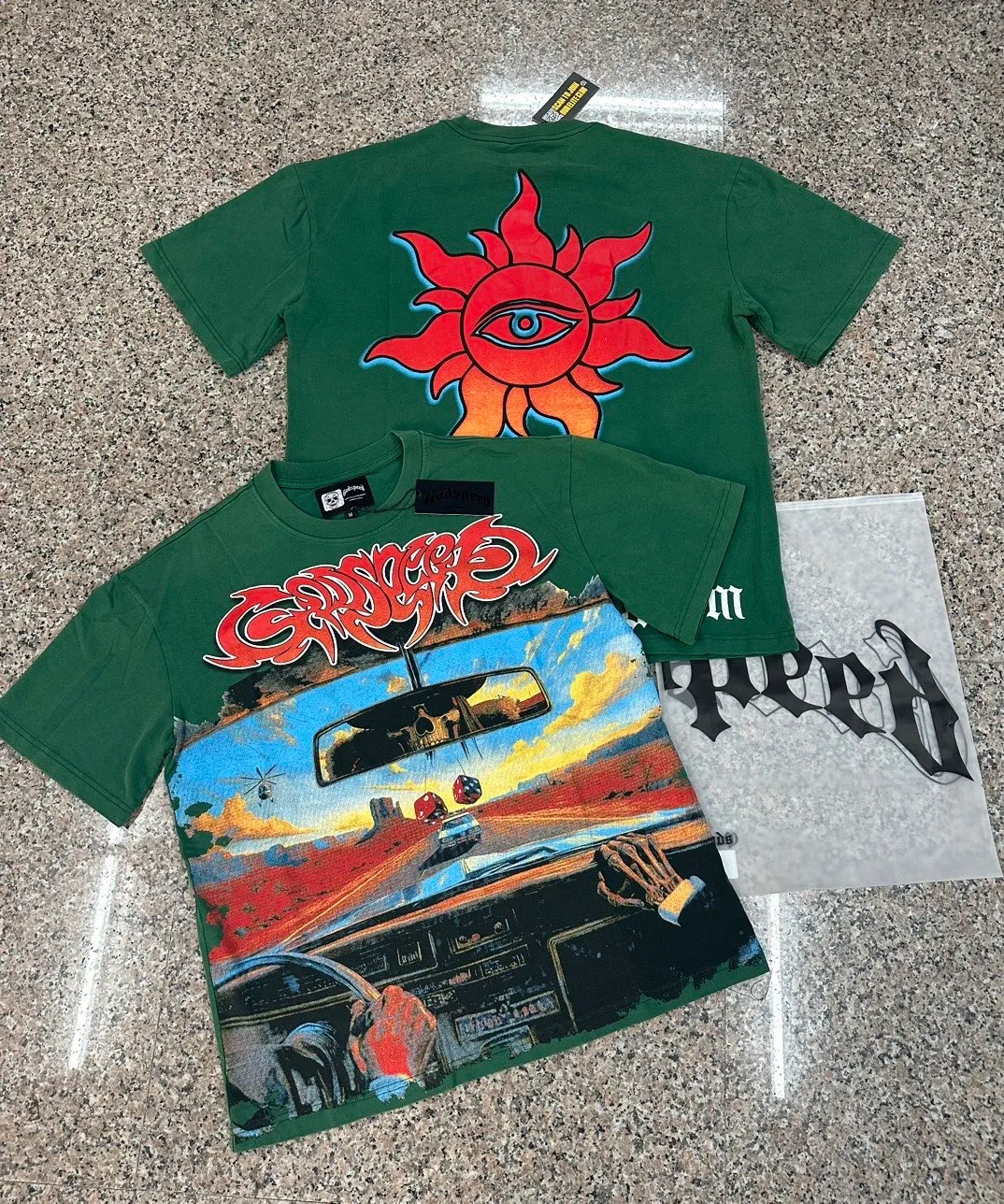 6311# Washed postal green Washed black I P116 Real stock (American fashion niche) Godspeed cross-border American rock street washed retro style short-sleeved T (craft printing) Fabric (fabric): 32 counts combed double yarn 250 grams weight Size (size): S-M-L-XL Color (colour): Washed black Washed green