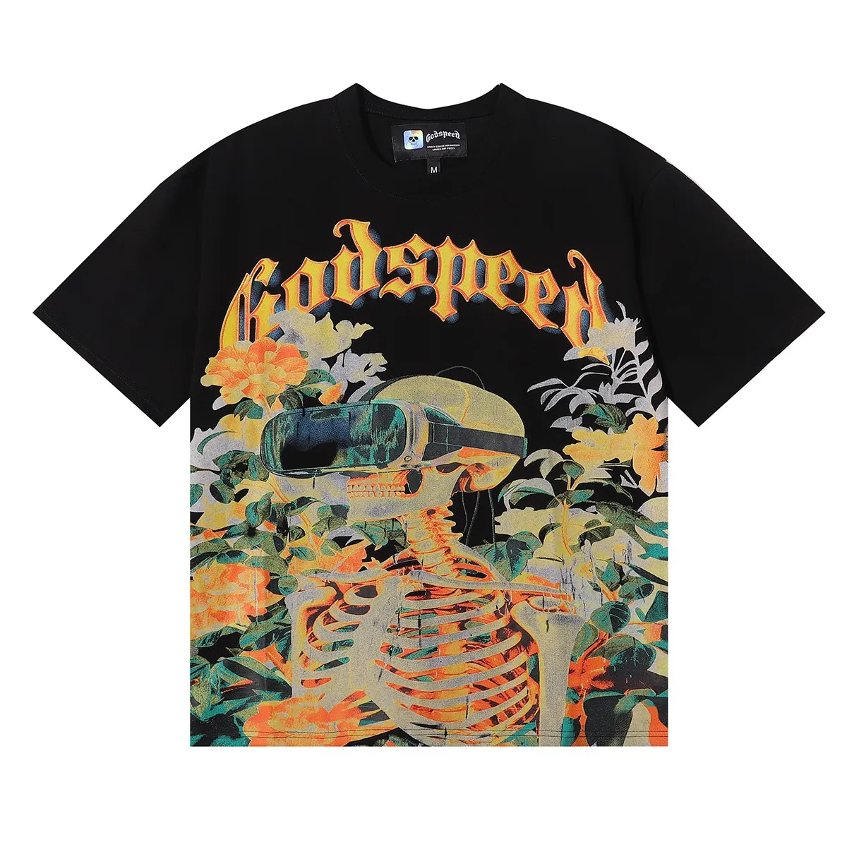 No. 7029, Mechao Godspeed VR glasses skull small fresh print high weight double yarn pure cotton casual short-sleeved T-shirt batch 110 Color: black, white; Size: S M L XL