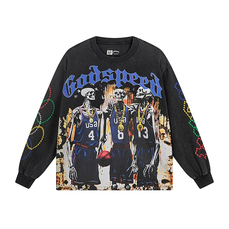 1106# P160 Washed Black Real Shot Godspeed American Fashion Rock Street Retro Washed Distressed Printed Pure Cotton Short Sleeves Fabric: 270g 32 Count Fine Cotton Double Yarn Pure Cotton Color: Washed Black Size: S M L XL