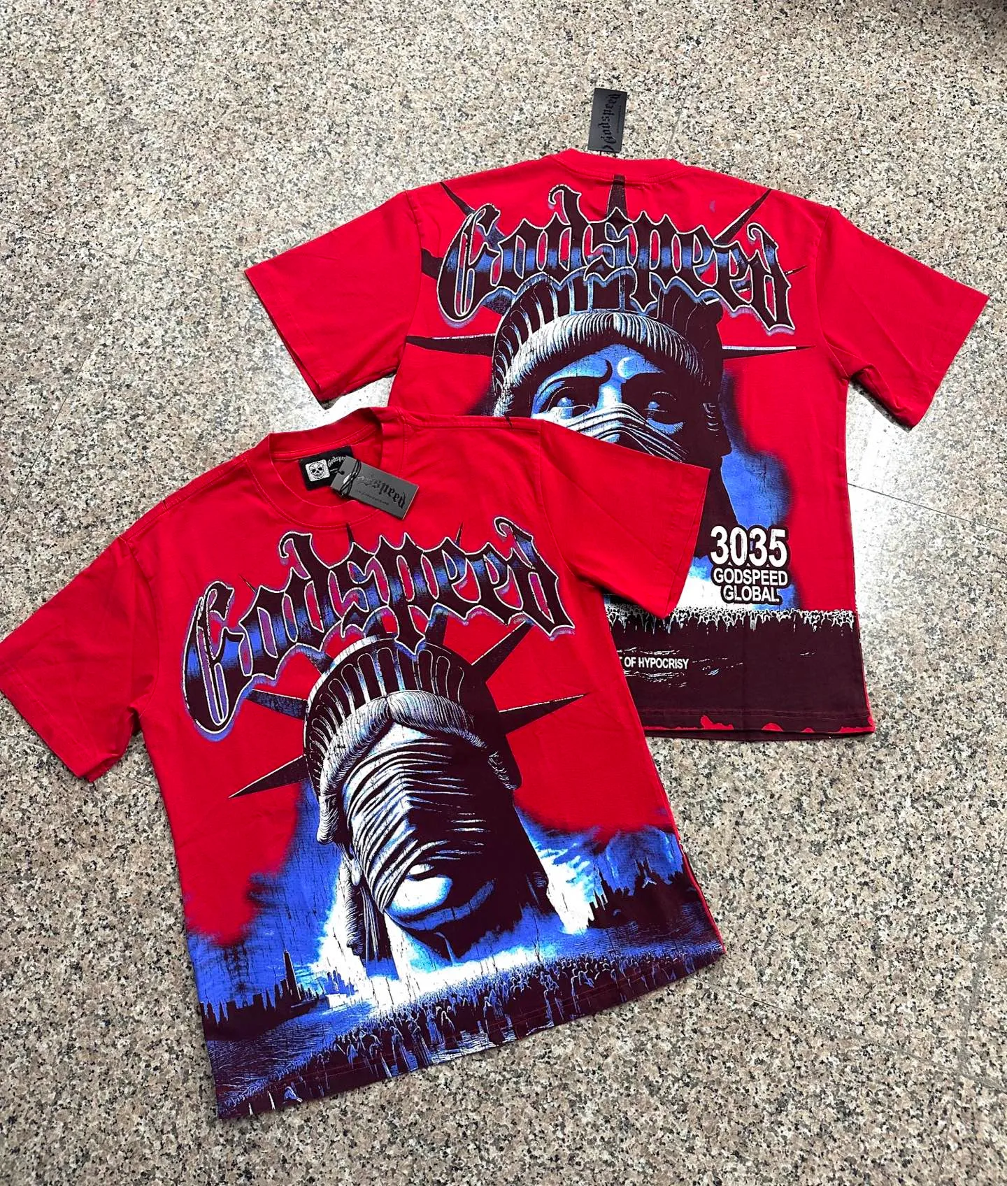 6138# Washed red/washed black I P116 Real stock (American fashion niche) Godspeed cross-border American rock and roll street washed retro style short-sleeved T (craft printing) Fabric (fabric): 32 counts combed double yarn 250 grams weight Size (size): S-M-L-XL Color (colour): washed black/washed Chinese red