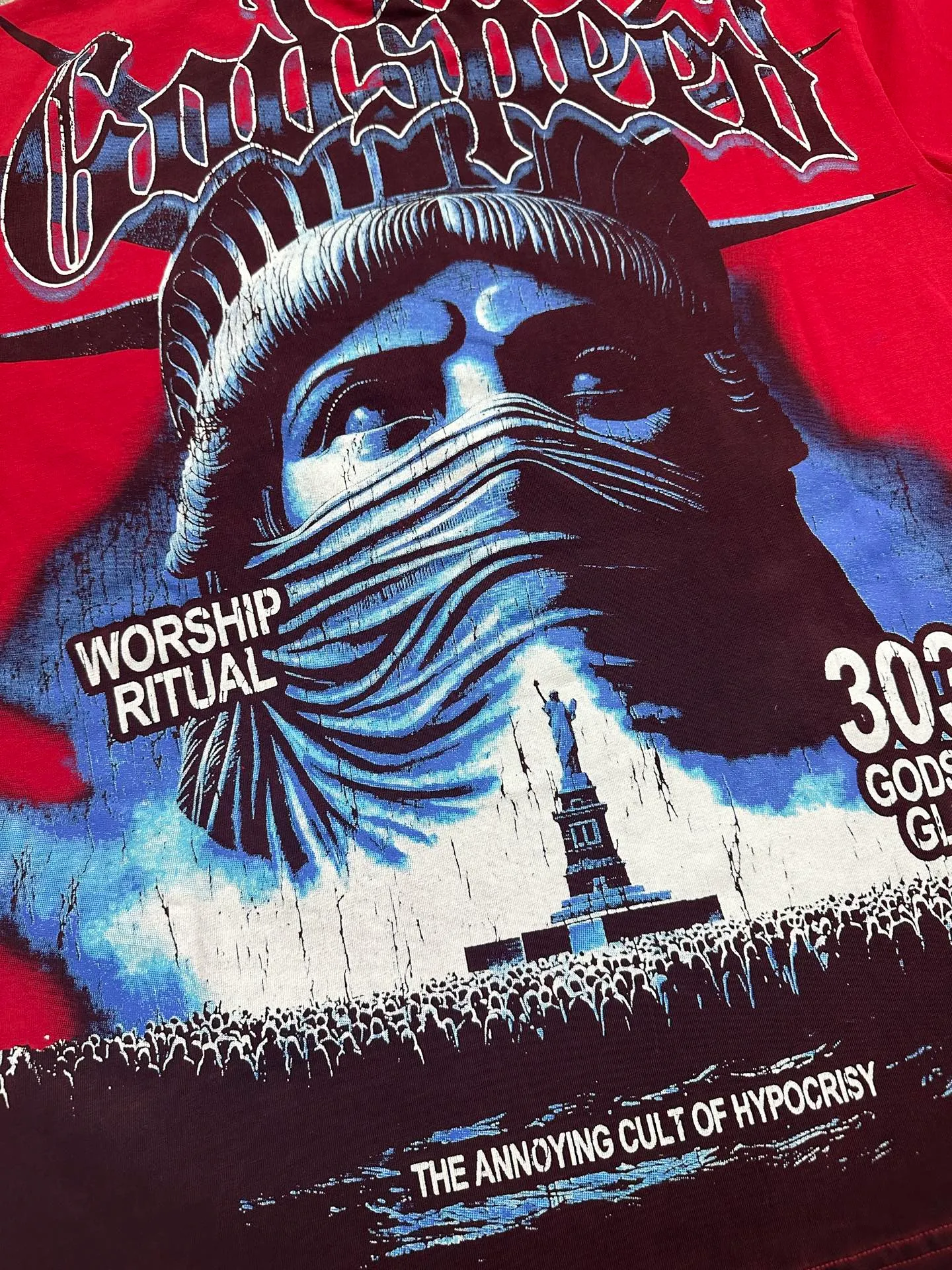 6138# Washed red/washed black I P116 Real stock (American fashion niche) Godspeed cross-border American rock and roll street washed retro style short-sleeved T (craft printing) Fabric (fabric): 32 counts combed double yarn 250 grams weight Size (size): S-M-L-XL Color (colour): washed black/washed Chinese red