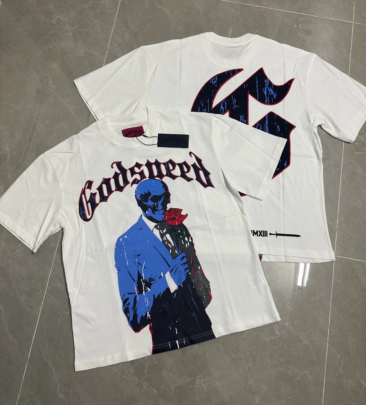 52💰5021# White I Additional color: White Godspeed cross-border American rock and roll street washed retro style short-sleeved T (craft print) Fabric (fabric): 32-count combed double yarn 240 grams weight Size (size): S-M-L-XL Color (colour): white, 👉