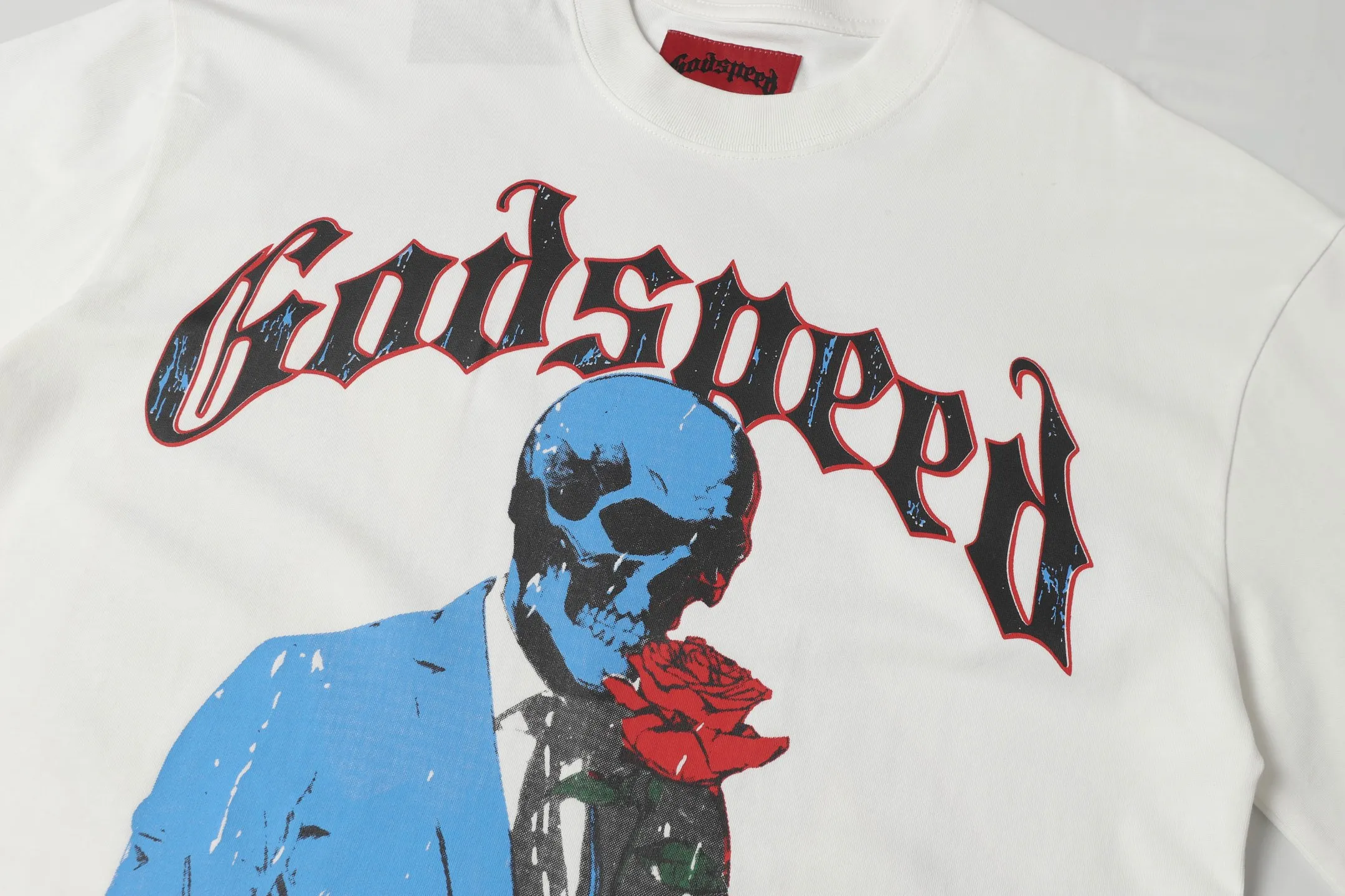 52💰5021# White I Additional color: White Godspeed cross-border American rock and roll street washed retro style short-sleeved T (craft print) Fabric (fabric): 32-count combed double yarn 240 grams weight Size (size): S-M-L-XL Color (colour): white, 👉