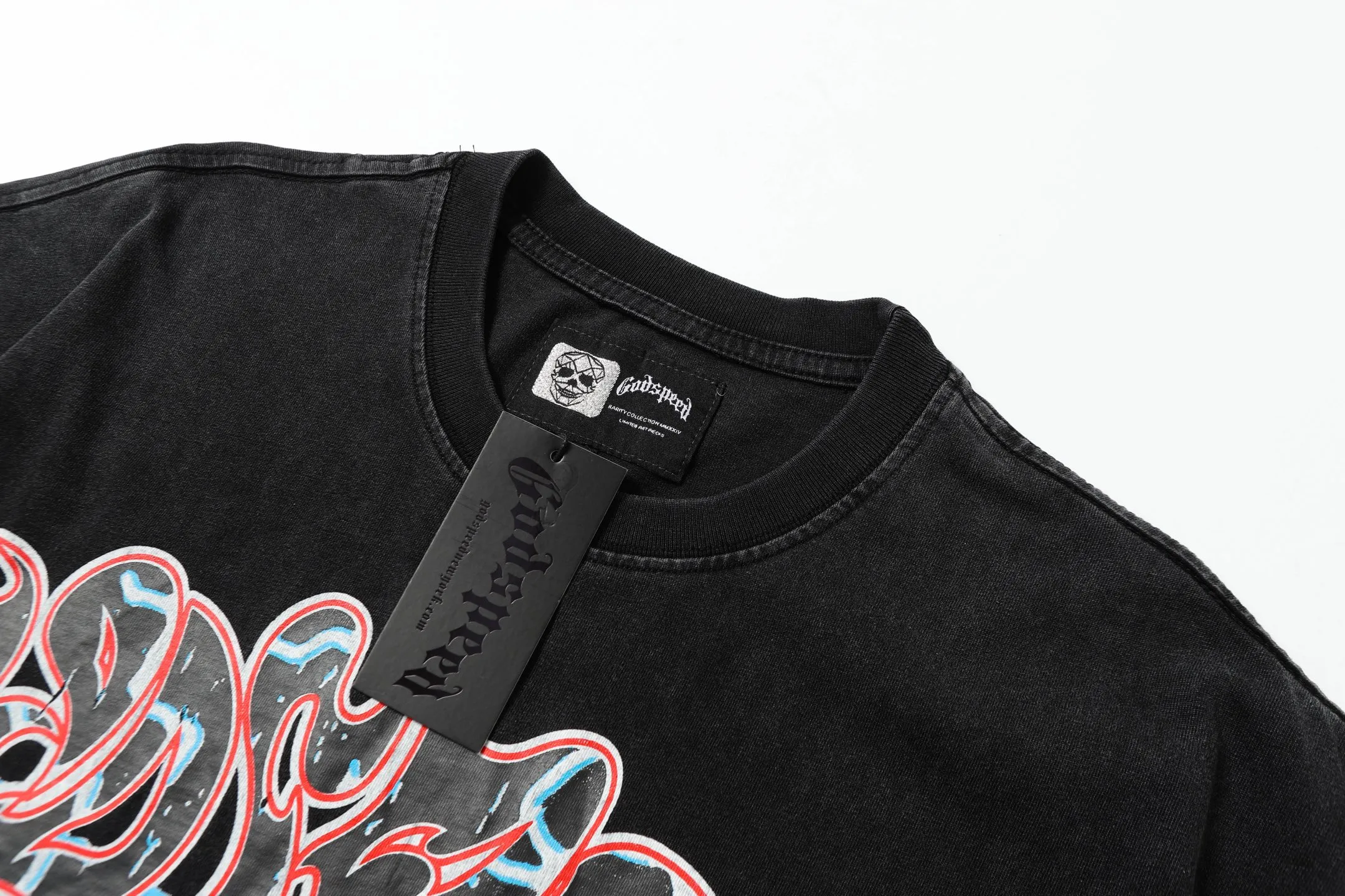 6006% washed black｜P116 Godspeed cross-border American rock and roll street washed retro style short-sleeved T (craft printing) fabric (fabric): 32-count combed double yarn 250g weight size (size): S-M-L-XL color (colour): washed black