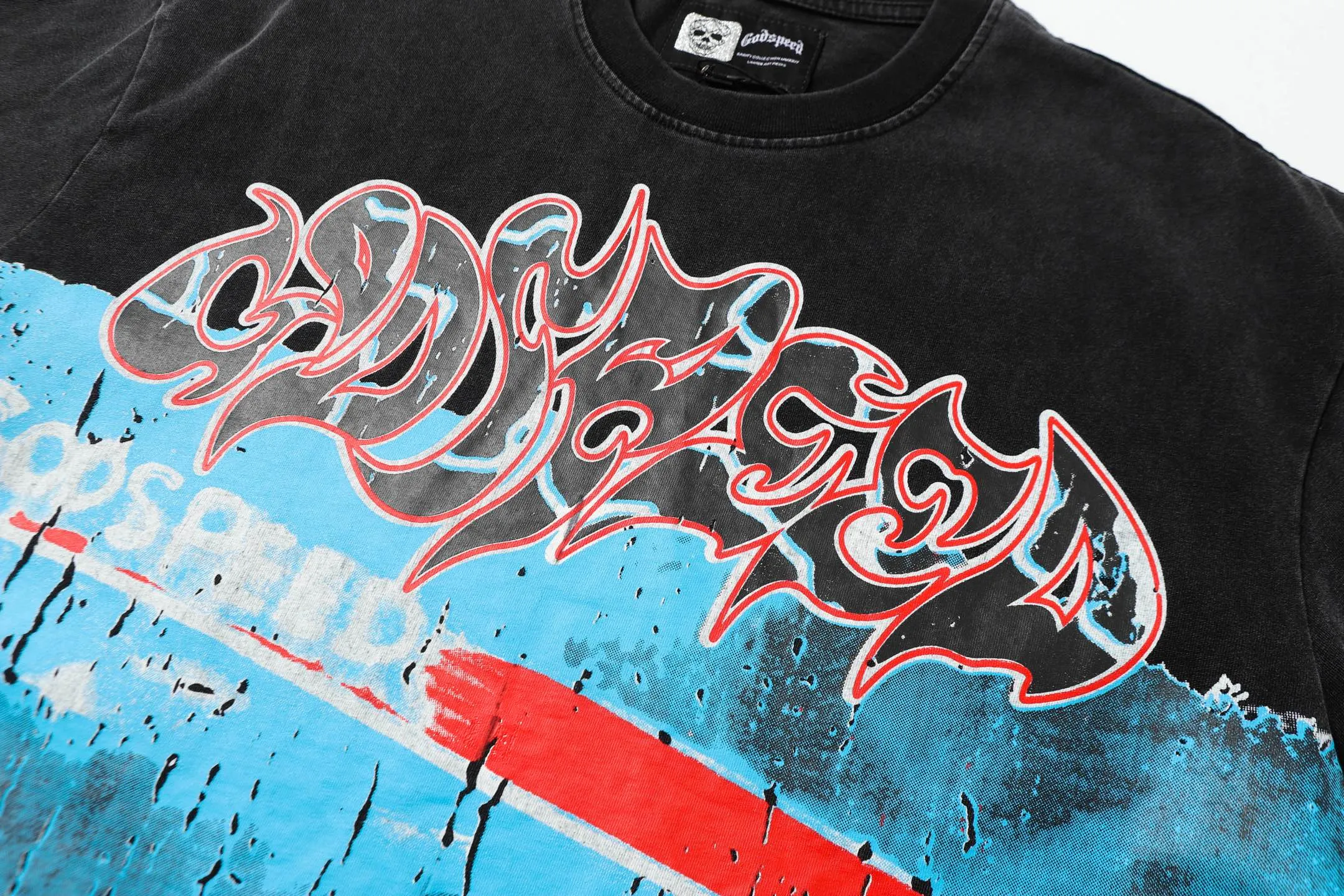 6006% washed black｜P116 Godspeed cross-border American rock and roll street washed retro style short-sleeved T (craft printing) fabric (fabric): 32-count combed double yarn 250g weight size (size): S-M-L-XL color (colour): washed black