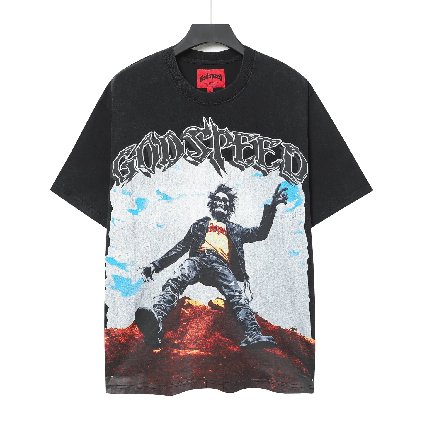 6059#washed black｜P116 Godspeed cross-border American rock and roll street washed retro style short-sleeved T (craft printing) fabric (fabric): 32 count combed double yarn 250g weight code number (size): S-M-L-XL color (colour): washed black