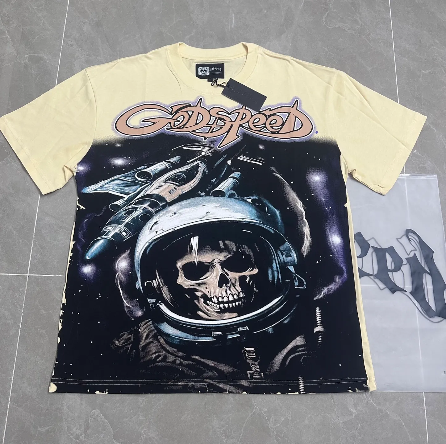 5112#apricot I P104 Godspeed cross-border American rock and roll street washed retro style short-sleeved T (craft printing) fabric (fabric) 32 count combed double yarn 240 grams weight code number (size): S-M-L-XL color (colour): apricot