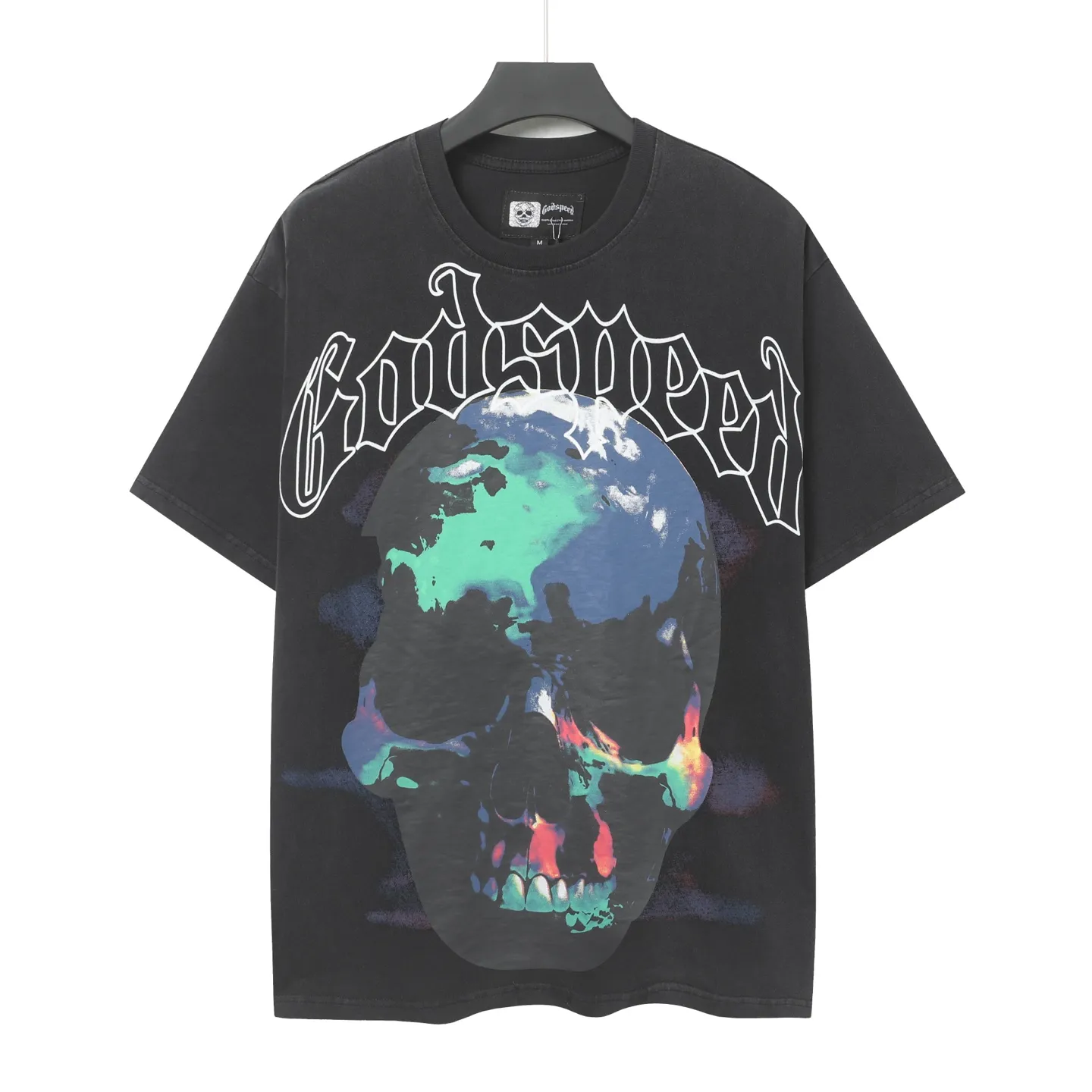 6027#washed black｜P116 Godspeed cross-border American rock and roll street washed retro style short-sleeved T (craft printing) fabric (fabric): 32 count combed double yarn 250g weight size (size): S-M-L-XL color (colour): washed black 👉