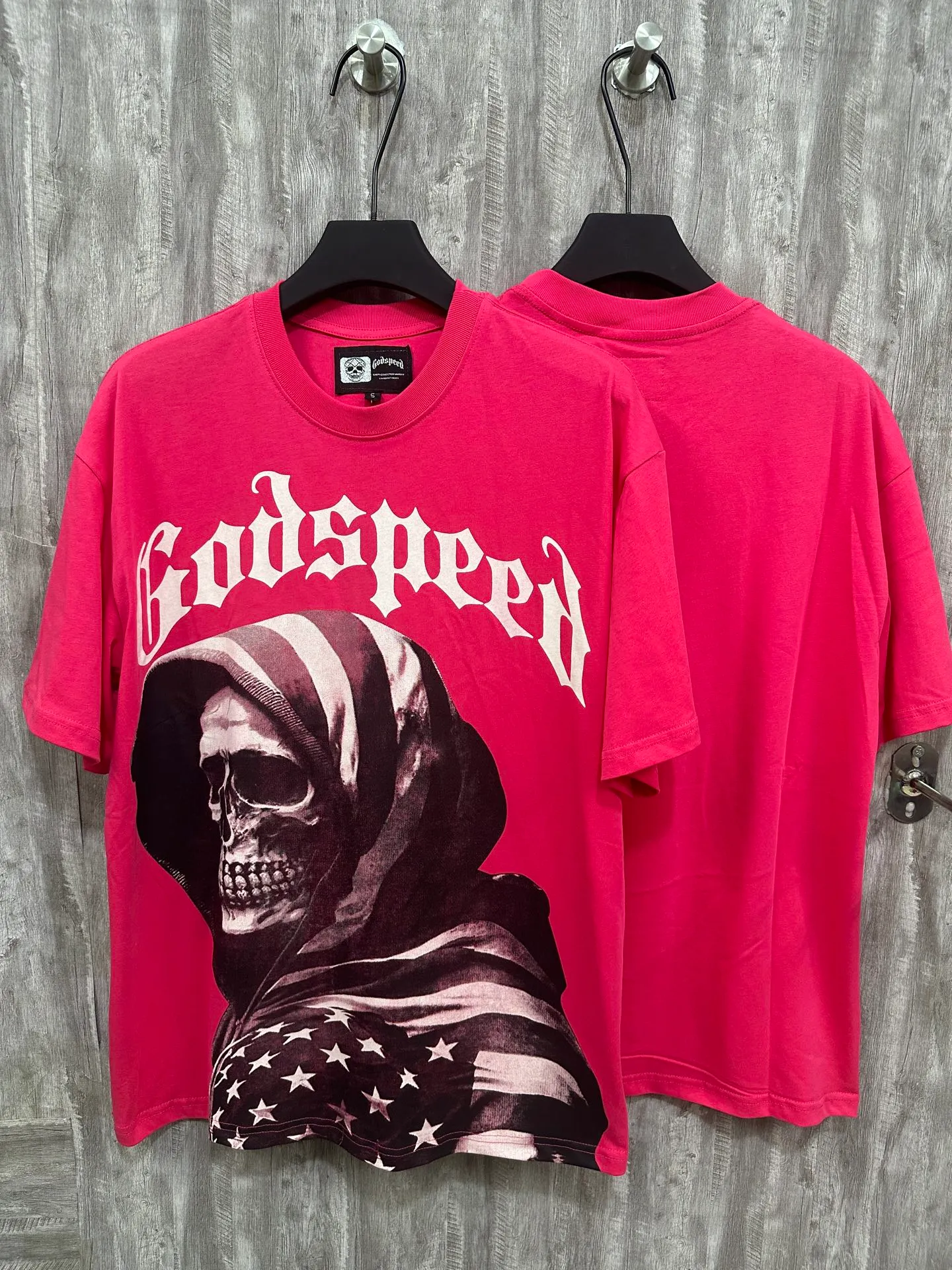 5039#Rose Red｜P104 Godspeed cross-border American rock and roll street washed retro style short-sleeved T (craft printing) fabric (fabric) 32-count combed double yarn 240 grams weight code number (size): S-M-L-XL color (colour): rose red