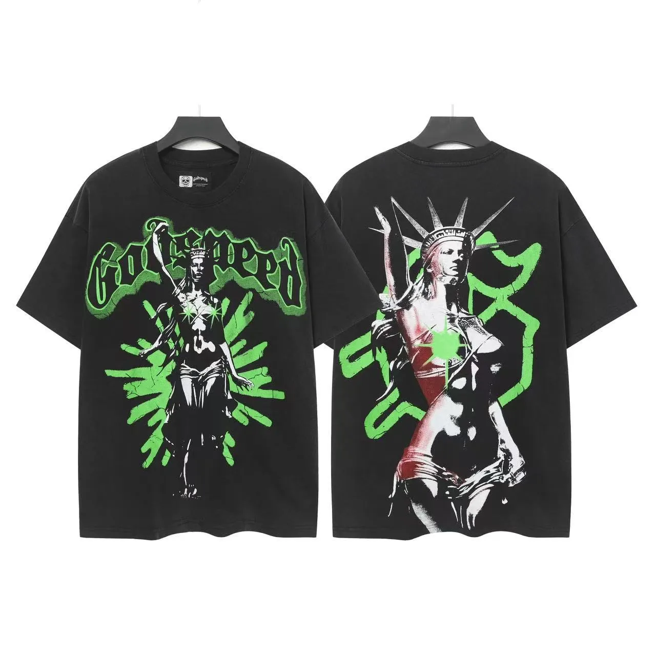 6037#washed black｜P116 Godspeed cross-border American rock and roll street washed retro style short-sleeved T (craft printing) fabric (fabric): 32 count combed double yarn 250g weight size (size): S-M-L-XL color (colour): washed black 👉