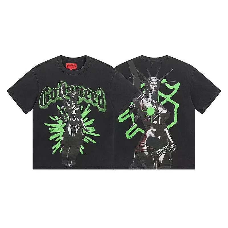 6037#washed black｜P116 Godspeed cross-border American rock and roll street washed retro style short-sleeved T (craft printing) fabric (fabric): 32 count combed double yarn 250g weight size (size): S-M-L-XL color (colour): washed black 👉