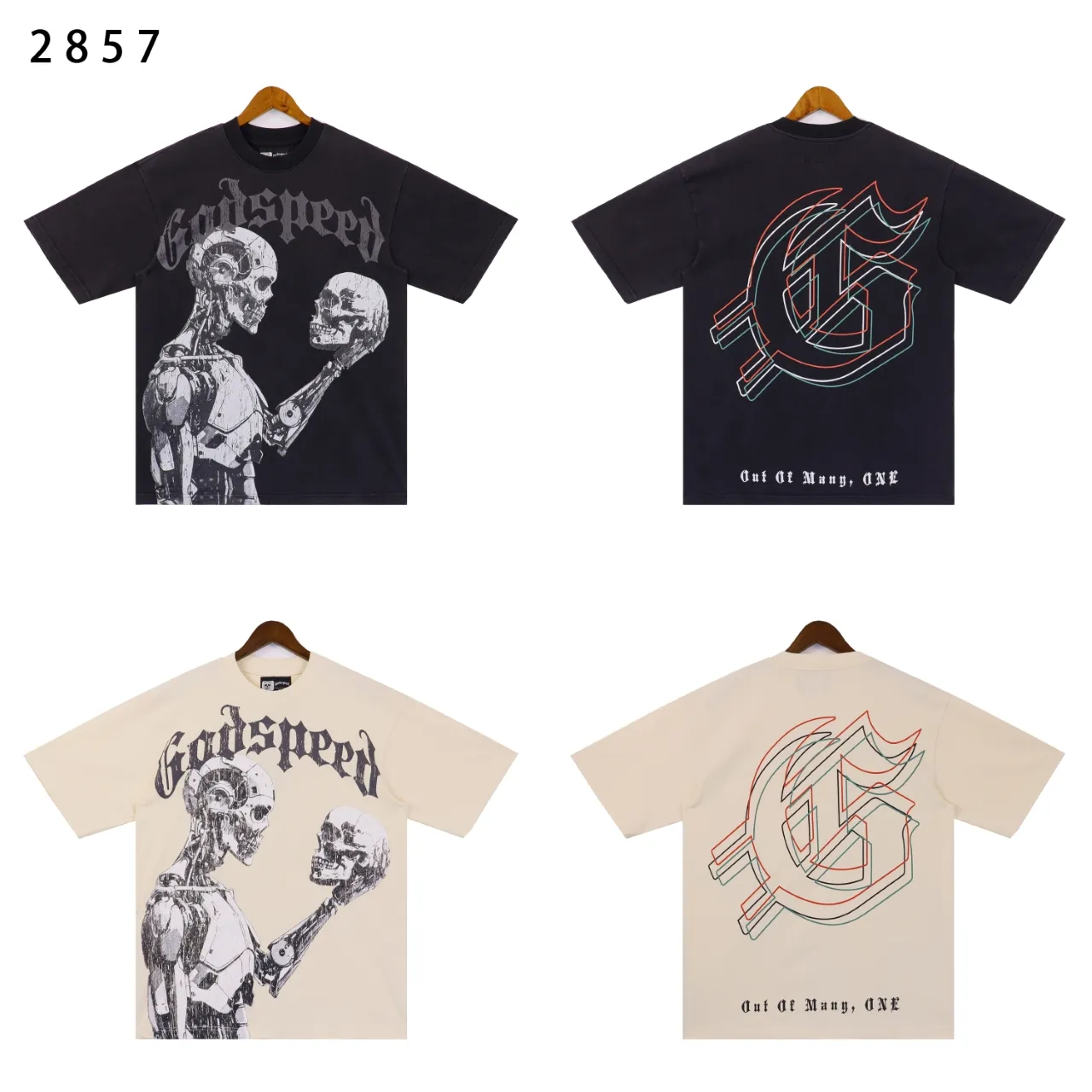 Style number: 2857 Fabric: 230g washed, real shot, beautiful and trendy Godspeed skull print, washed and distressed, high quality double yarn casual round neck short-sleeved T-shirt for men and women Color; washed black, washed apricot Size: S M L XL