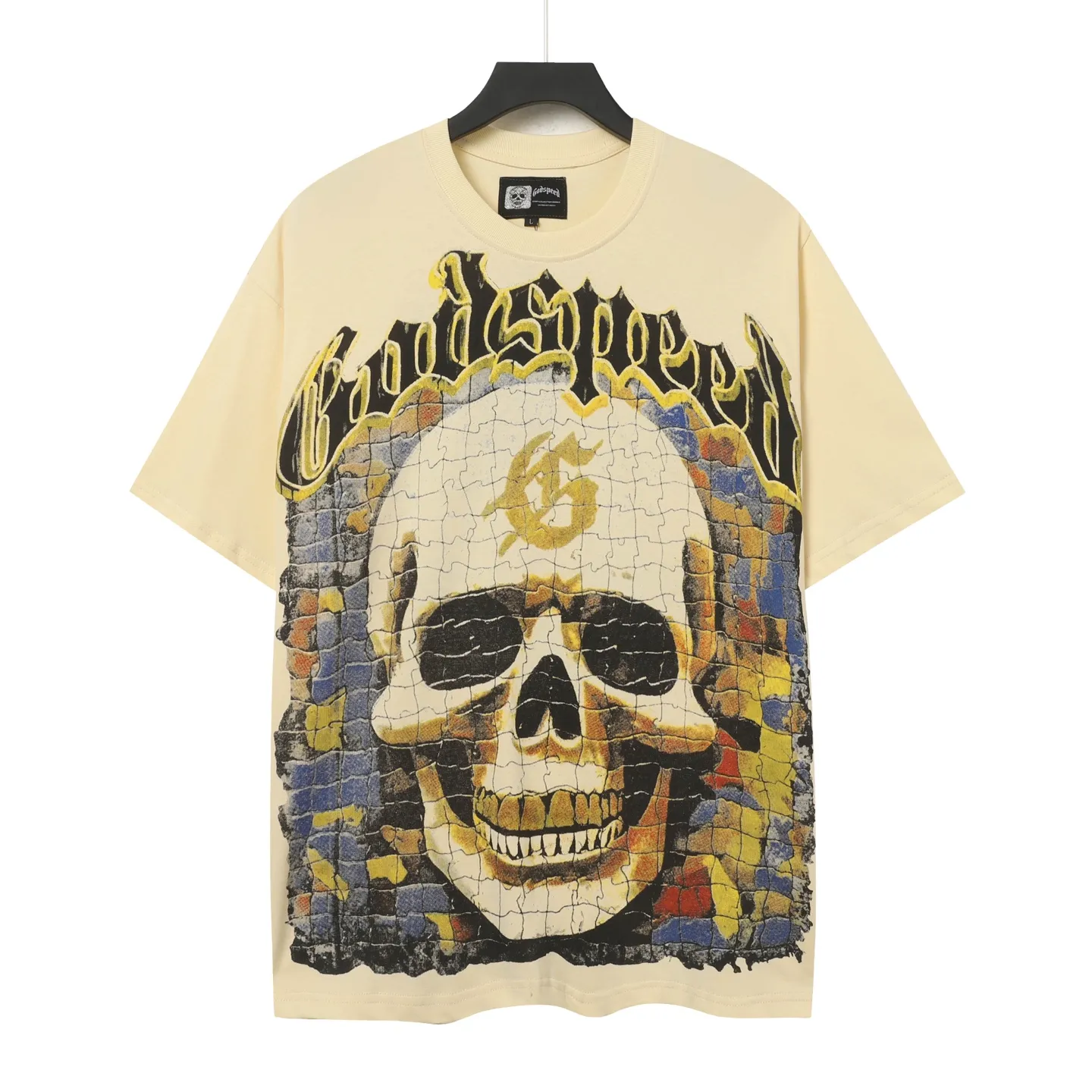 5009#Apricot｜P104 Godspeed cross-border American rock and roll street washed retro style short-sleeved T (craft printing) fabric (fabric) 32 count combed double yarn 240 grams weight code number (size): S-M-L-XL color (colour): apricot