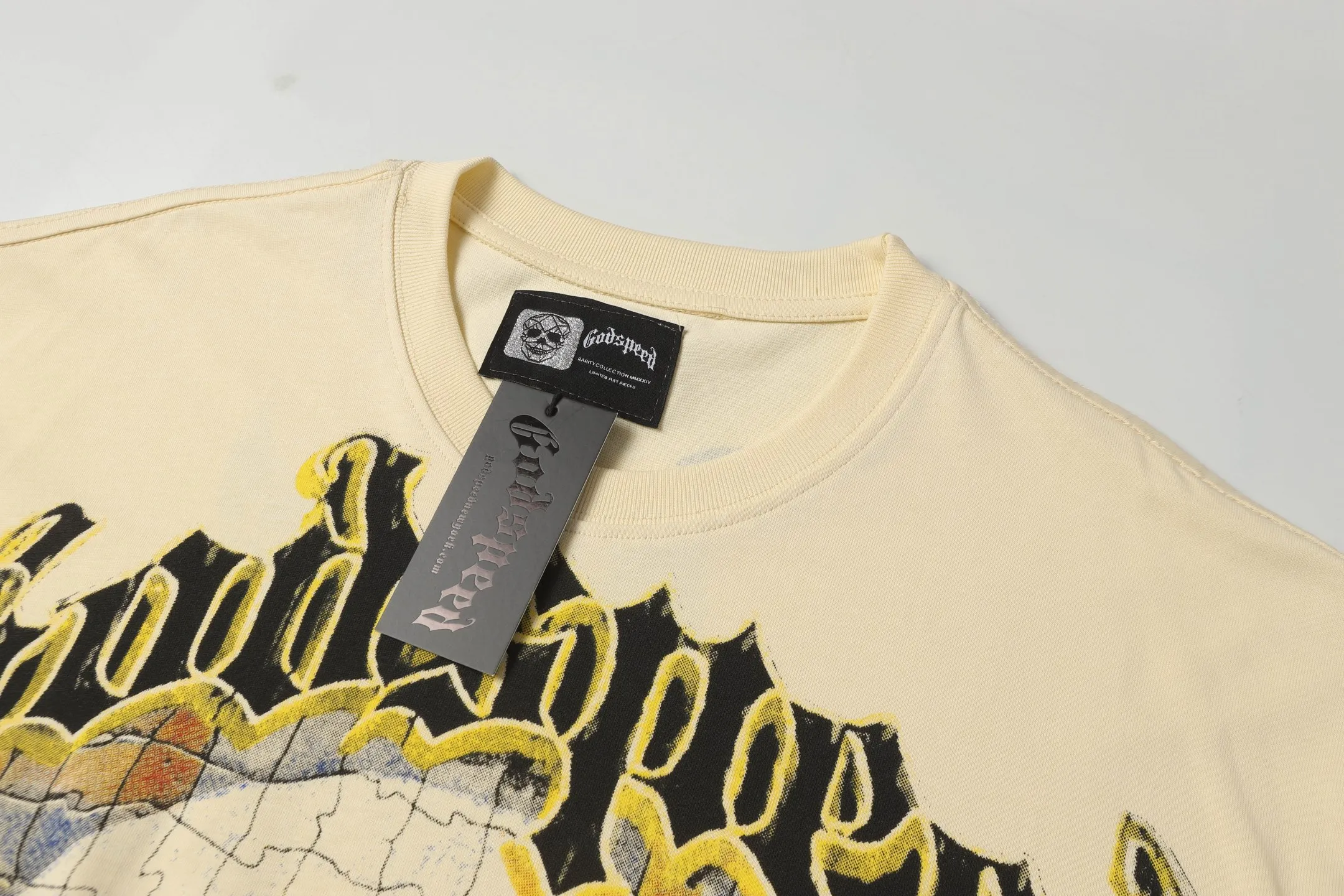 5009#Apricot｜P104 Godspeed cross-border American rock and roll street washed retro style short-sleeved T (craft printing) fabric (fabric) 32 count combed double yarn 240 grams weight code number (size): S-M-L-XL color (colour): apricot