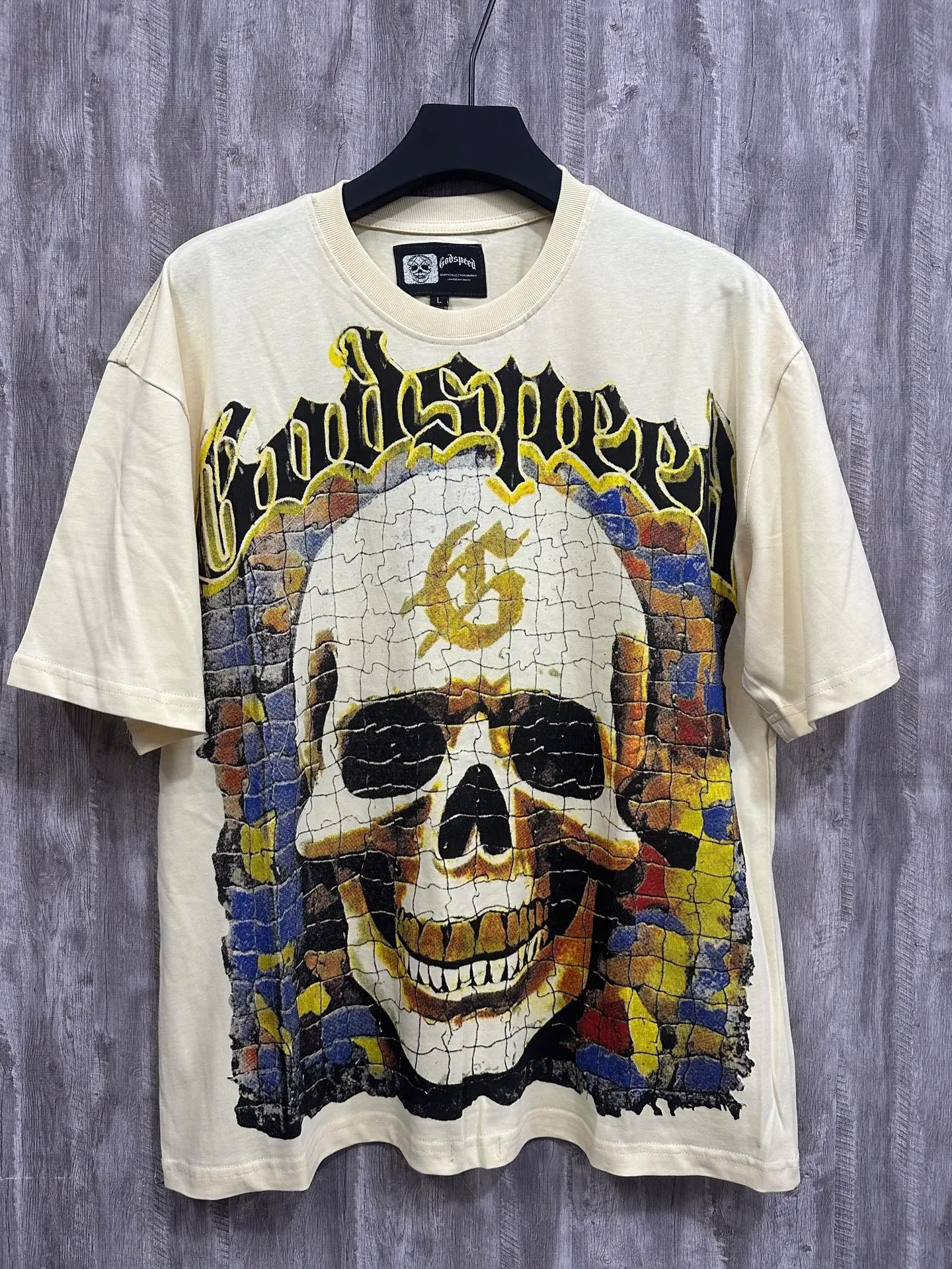 5009#Apricot｜P104 Godspeed cross-border American rock and roll street washed retro style short-sleeved T (craft printing) fabric (fabric) 32 count combed double yarn 240 grams weight code number (size): S-M-L-XL color (colour): apricot