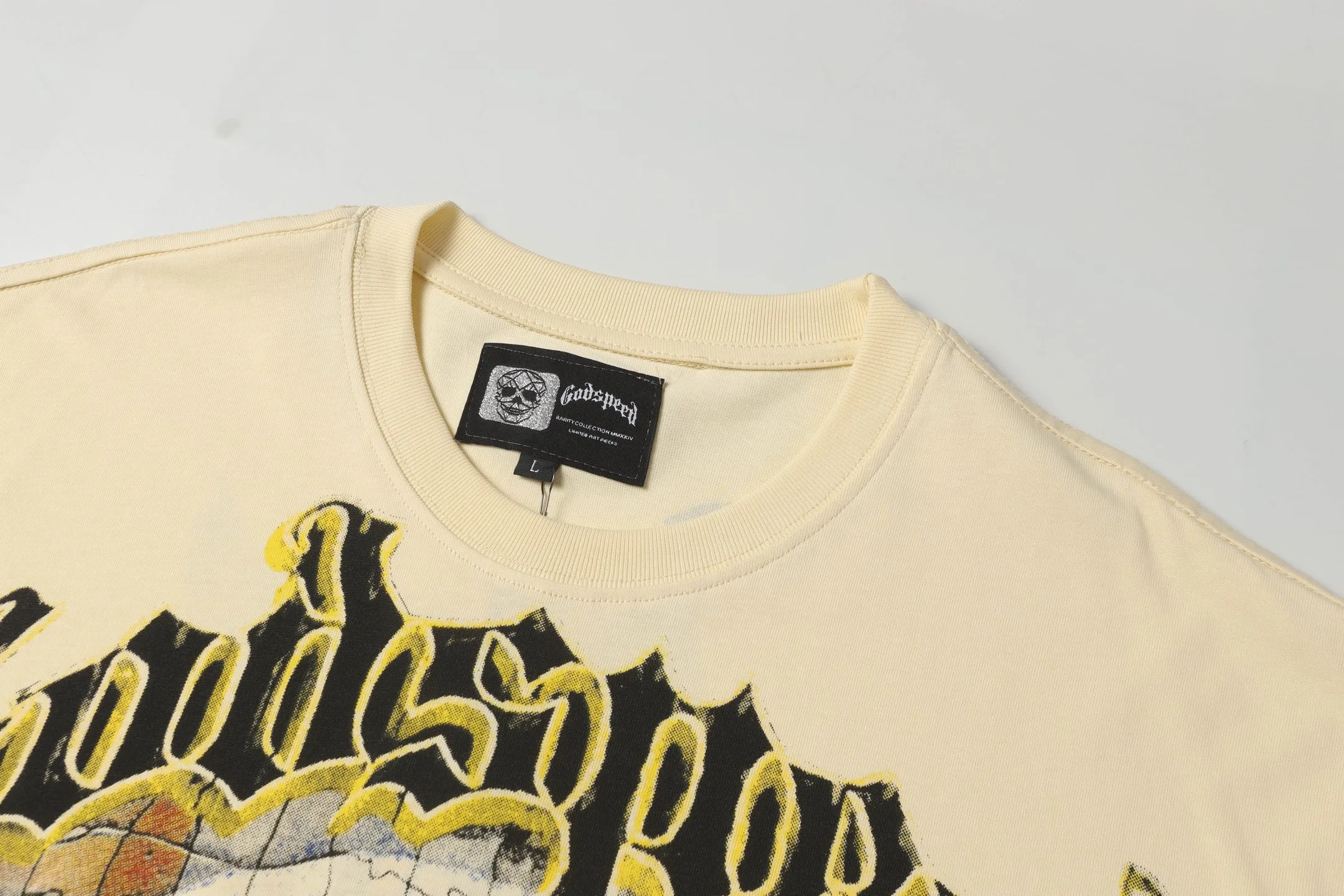 5009#Apricot｜P104 Godspeed cross-border American rock and roll street washed retro style short-sleeved T (craft printing) fabric (fabric) 32 count combed double yarn 240 grams weight code number (size): S-M-L-XL color (colour): apricot