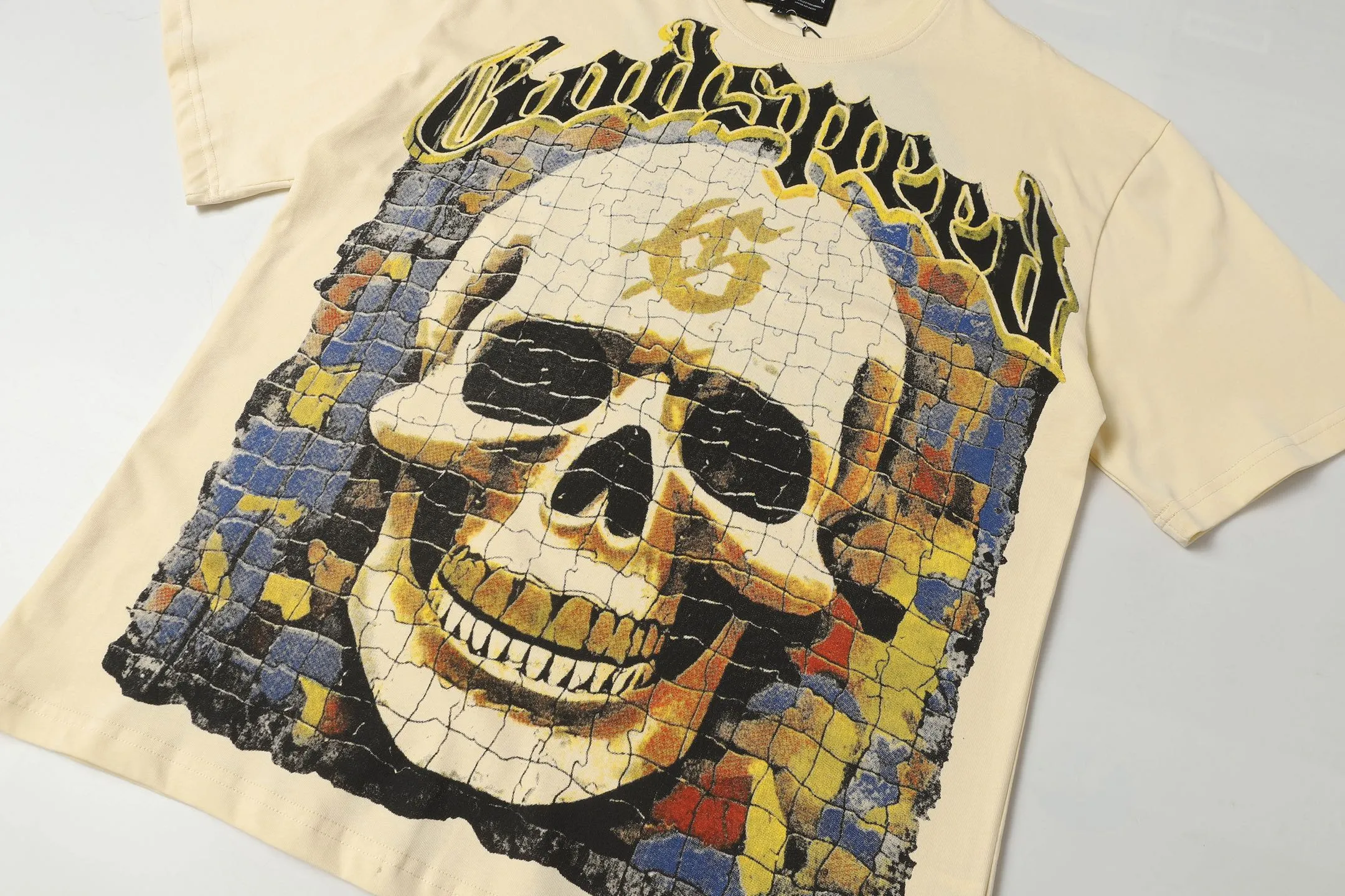 5009#Apricot｜P104 Godspeed cross-border American rock and roll street washed retro style short-sleeved T (craft printing) fabric (fabric) 32 count combed double yarn 240 grams weight code number (size): S-M-L-XL color (colour): apricot