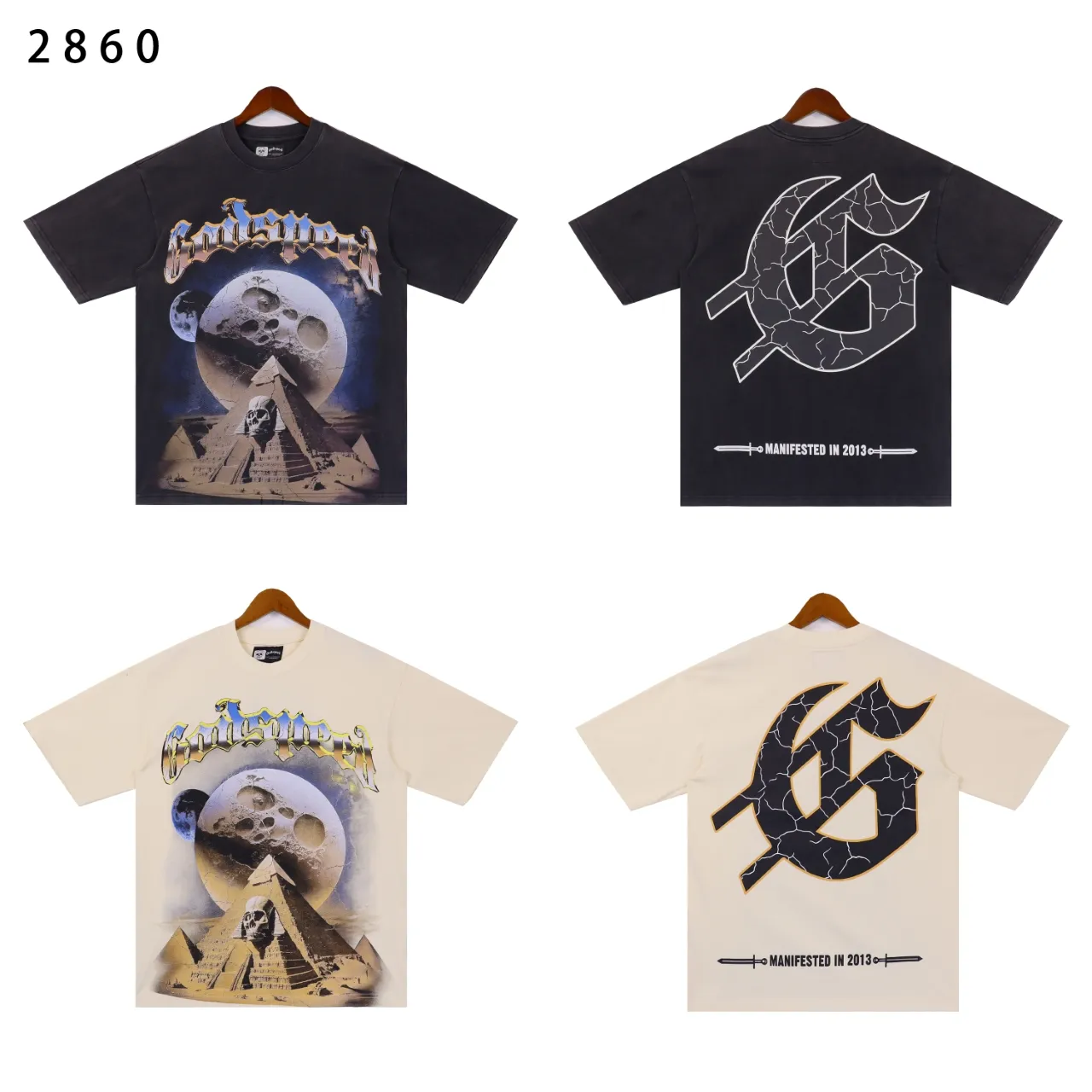 Style No.: 2860 Fabric: 230 grams, washed, washed black P126, apricot p116, real stock, beautiful trendy Godspeed pyramid print, washed and distressed, high quality double yarn casual round neck short-sleeved T-shirt for men and women Color; washed black, washed apricot Size: S M L XL