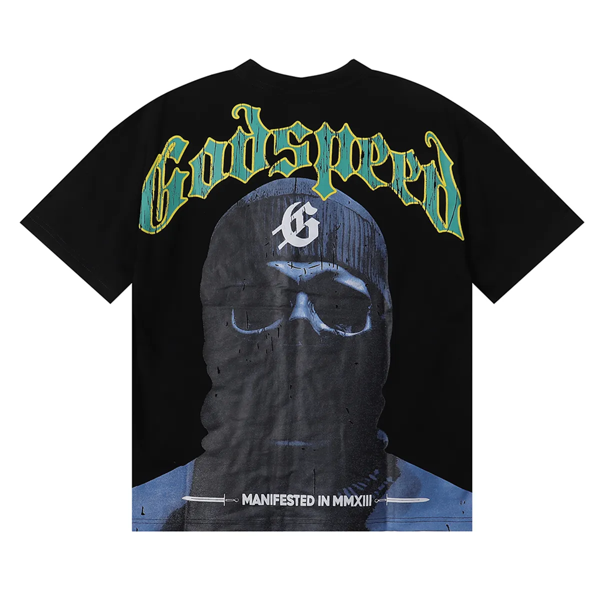 No. 7020, foreign trade beauty trend Godspeed masked man printing high quality double yarn pure cotton round neck short-sleeved T-shirt batch 110 Color: black, white, apricot; Size: S M L XL