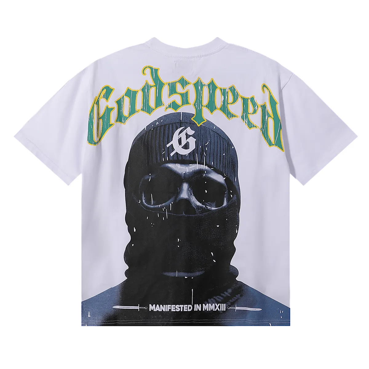 No. 7020, foreign trade beauty trend Godspeed masked man printing high quality double yarn pure cotton round neck short-sleeved T-shirt batch 110 Color: black, white, apricot; Size: S M L XL